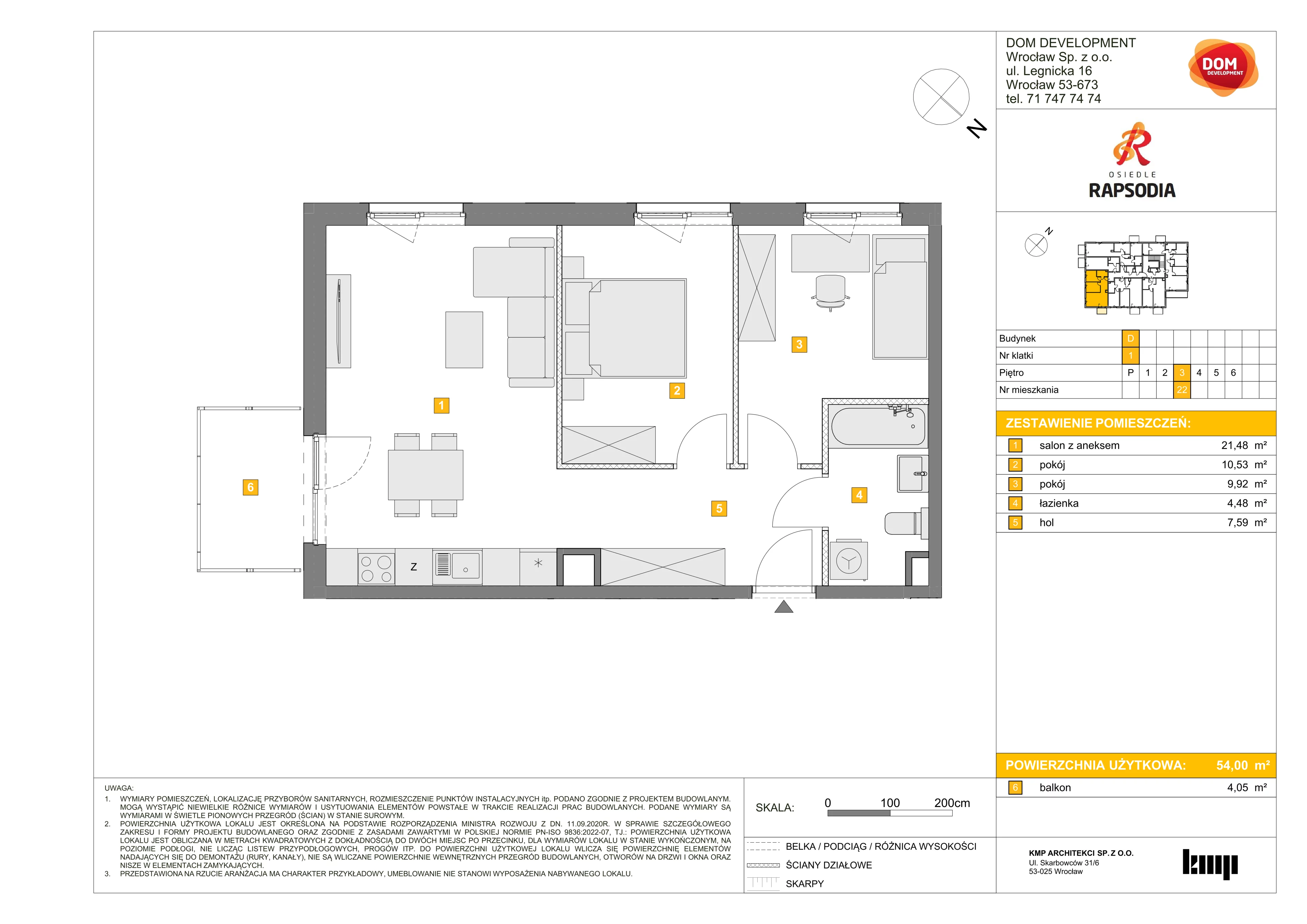 abc 3 pokoje, mieszkanie 54,00 m², piętro 3, oferta nr D/22, Osiedle Rapsodia 2, Wrocław, Karłowice-Różanka, Różanka, ul. Wołowska 5