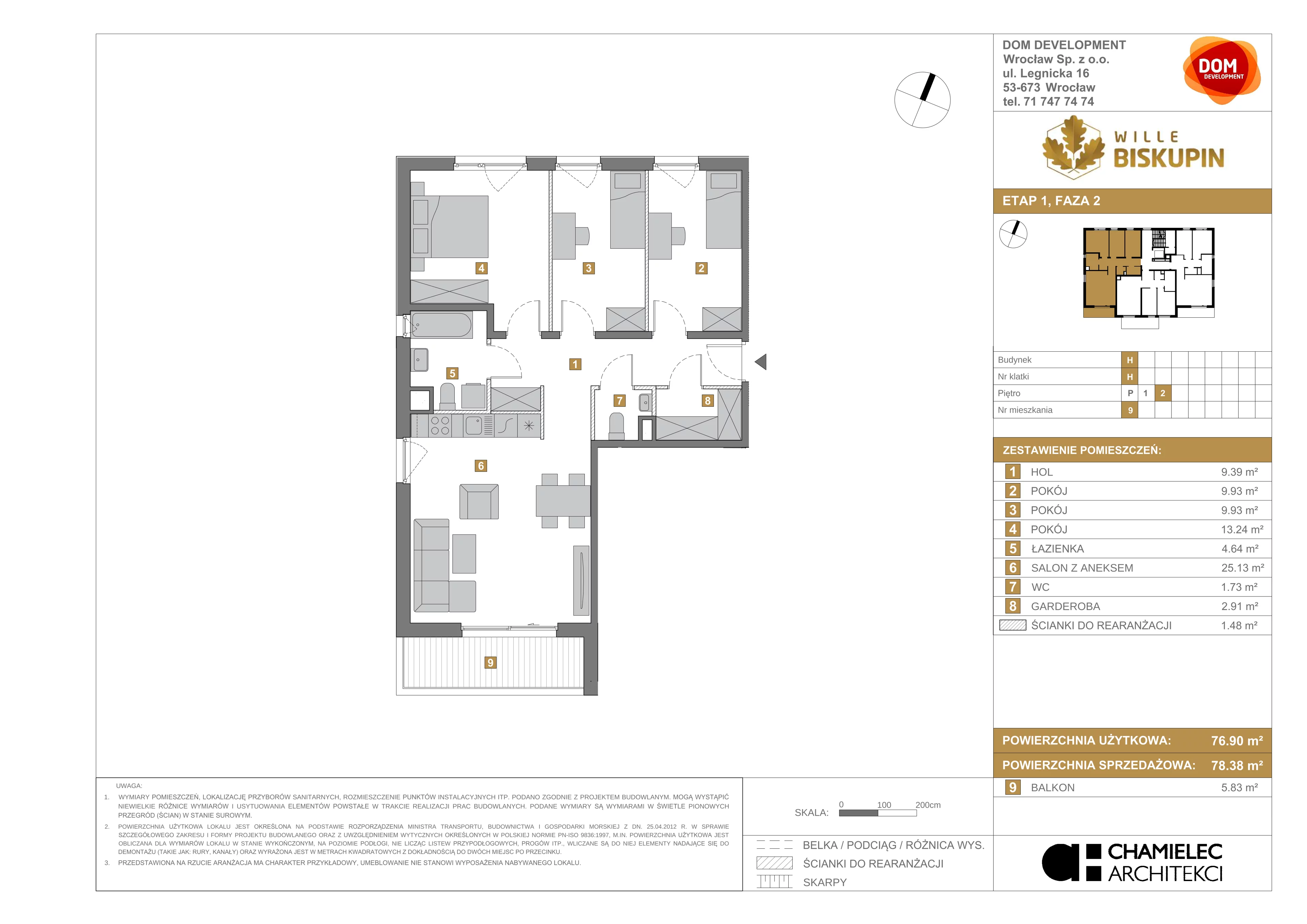 4 pokoje, mieszkanie 78,38 m², piętro 2, oferta nr H/9, Wille Biskupin, Wrocław, Biskupin-Sępolno-Dąbie-Bartoszowice, Śródmieście, ul. Braci Gierymskich 156