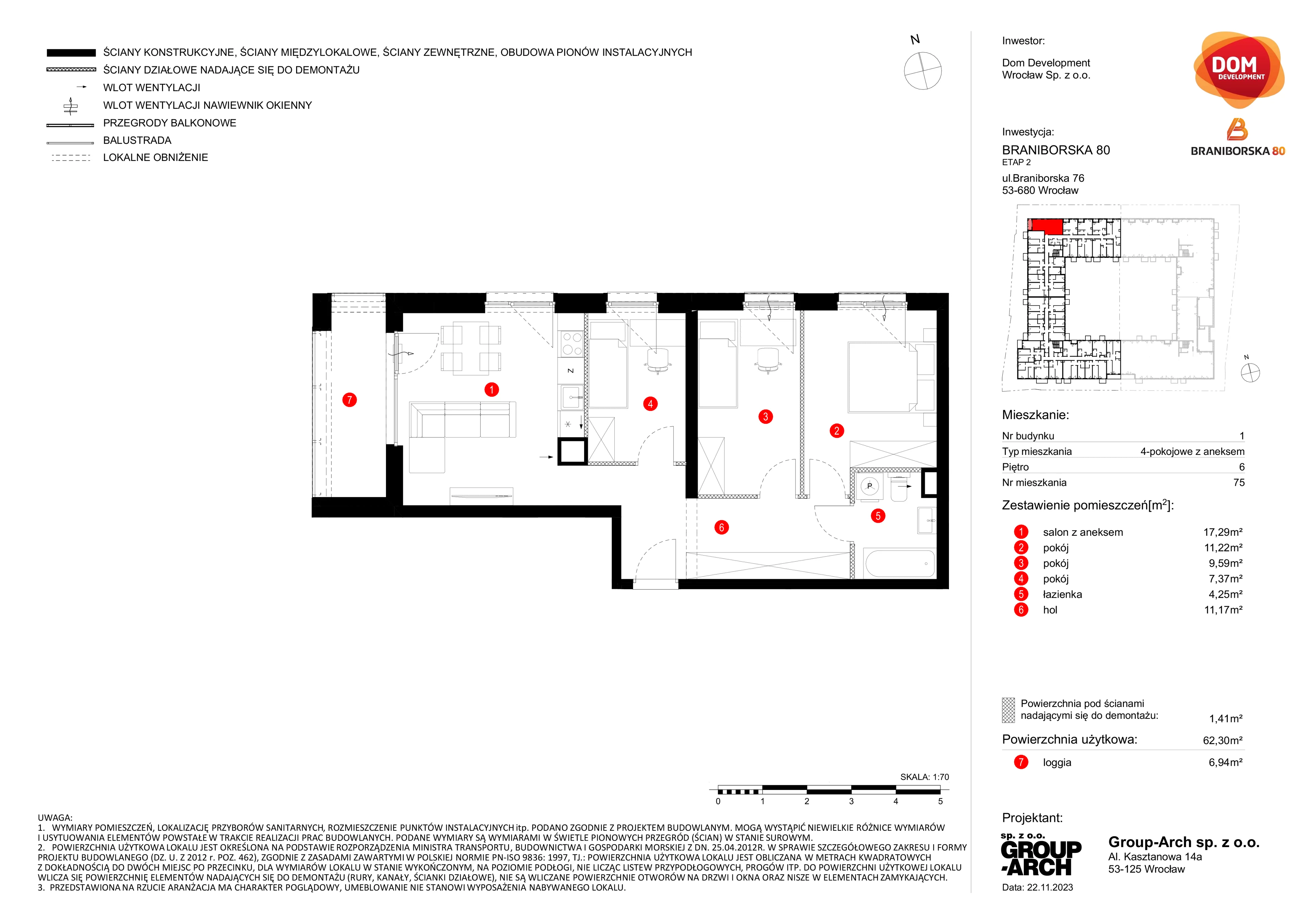 Mieszkanie 62,30 m², piętro 6, oferta nr B/75, Braniborska 80, Wrocław, Stare Miasto, ul. Braniborska 80