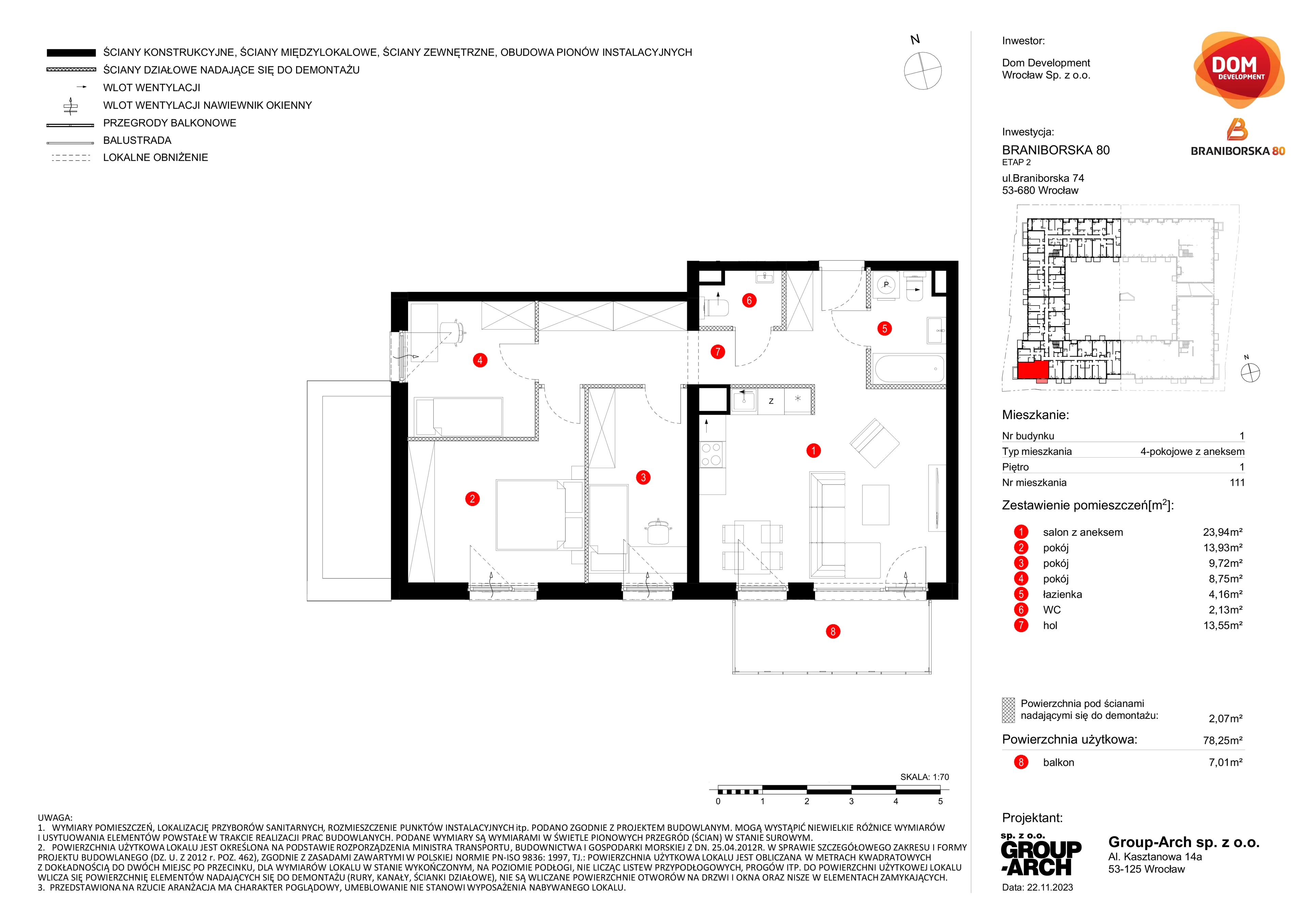4 pokoje, mieszkanie 78,25 m², piętro 1, oferta nr B/111, Braniborska 80, Wrocław, Stare Miasto, ul. Braniborska 80