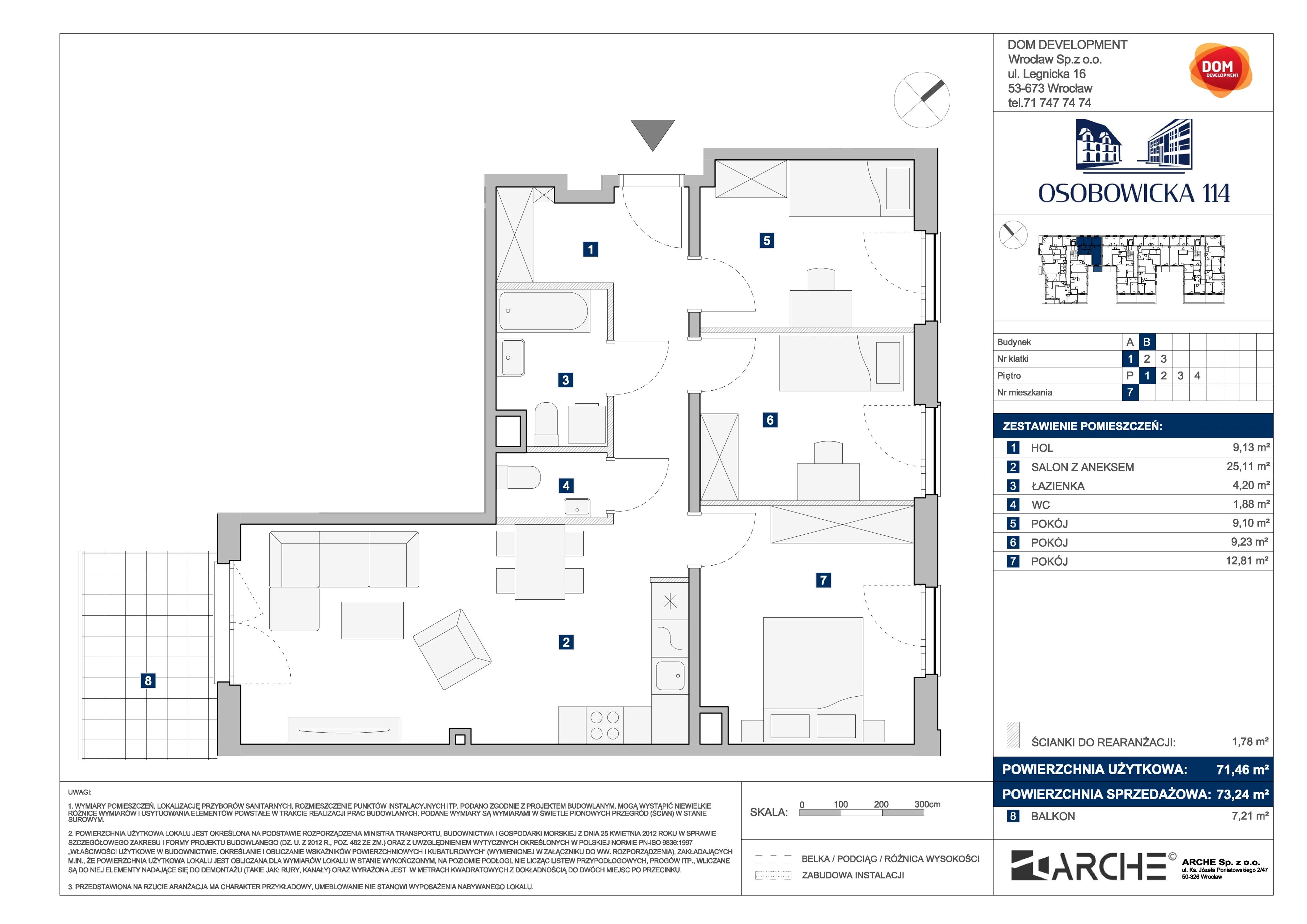 4 pokoje, mieszkanie 73,24 m², piętro 1, oferta nr B/7, Osobowicka 114, Wrocław, Osobowice-Rędzin, Fabryczna, ul. Osobowicka 114
