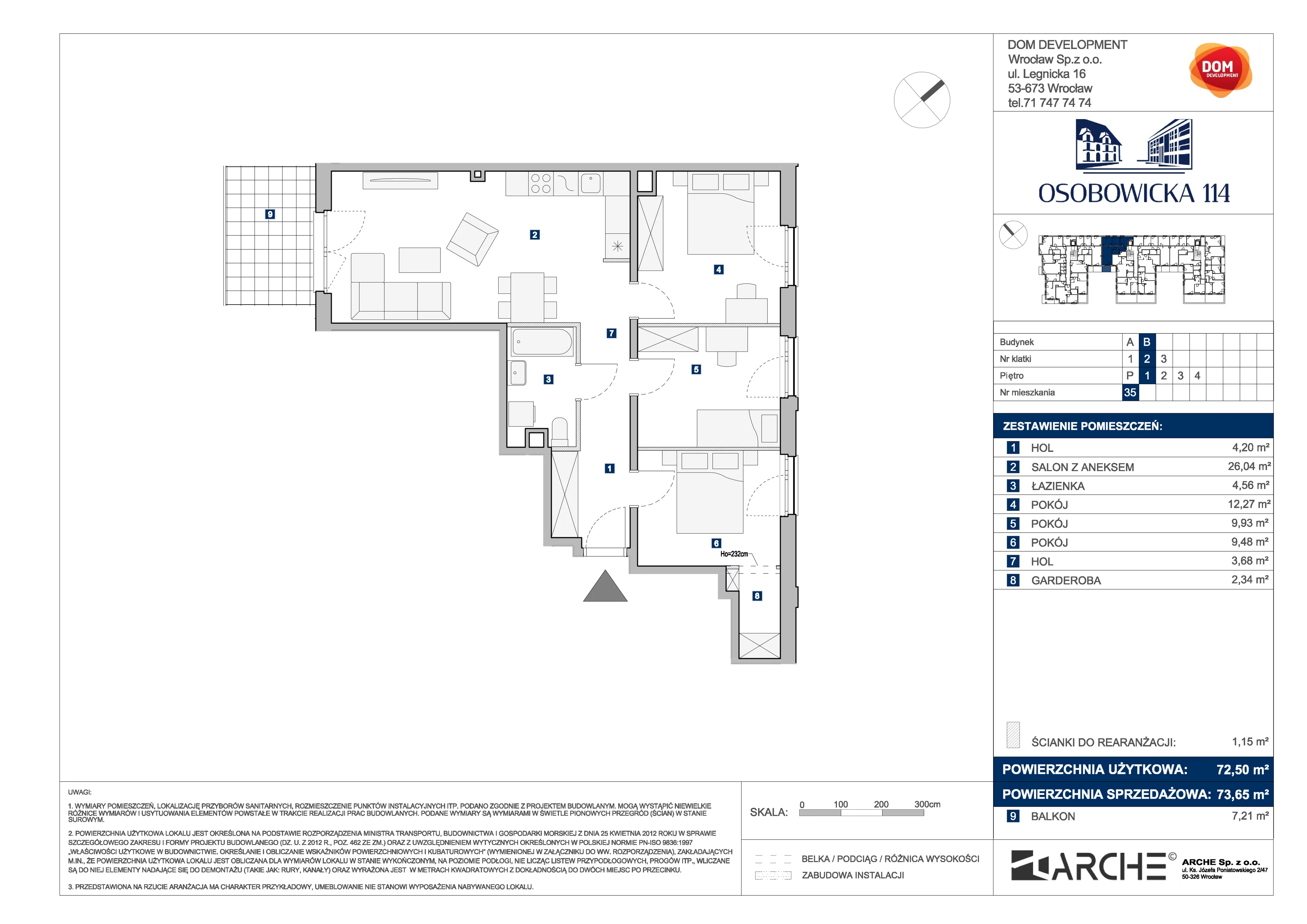 4 pokoje, mieszkanie 73,65 m², piętro 1, oferta nr B/35, Osobowicka 114, Wrocław, Osobowice-Rędzin, Fabryczna, ul. Osobowicka 114