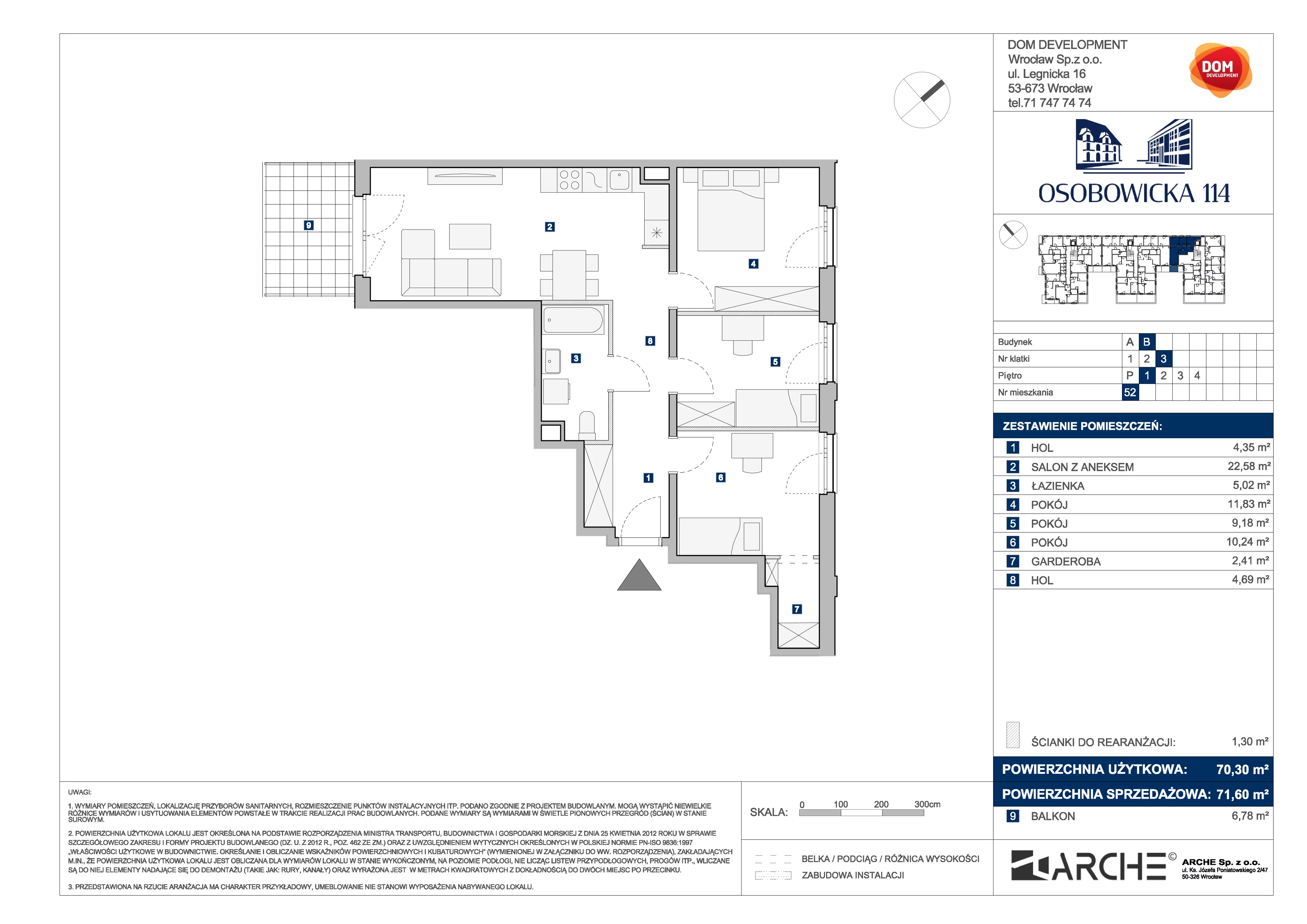 4 pokoje, mieszkanie 71,60 m², piętro 1, oferta nr B/52, Osobowicka 114, Wrocław, Osobowice-Rędzin, Fabryczna, ul. Osobowicka 114