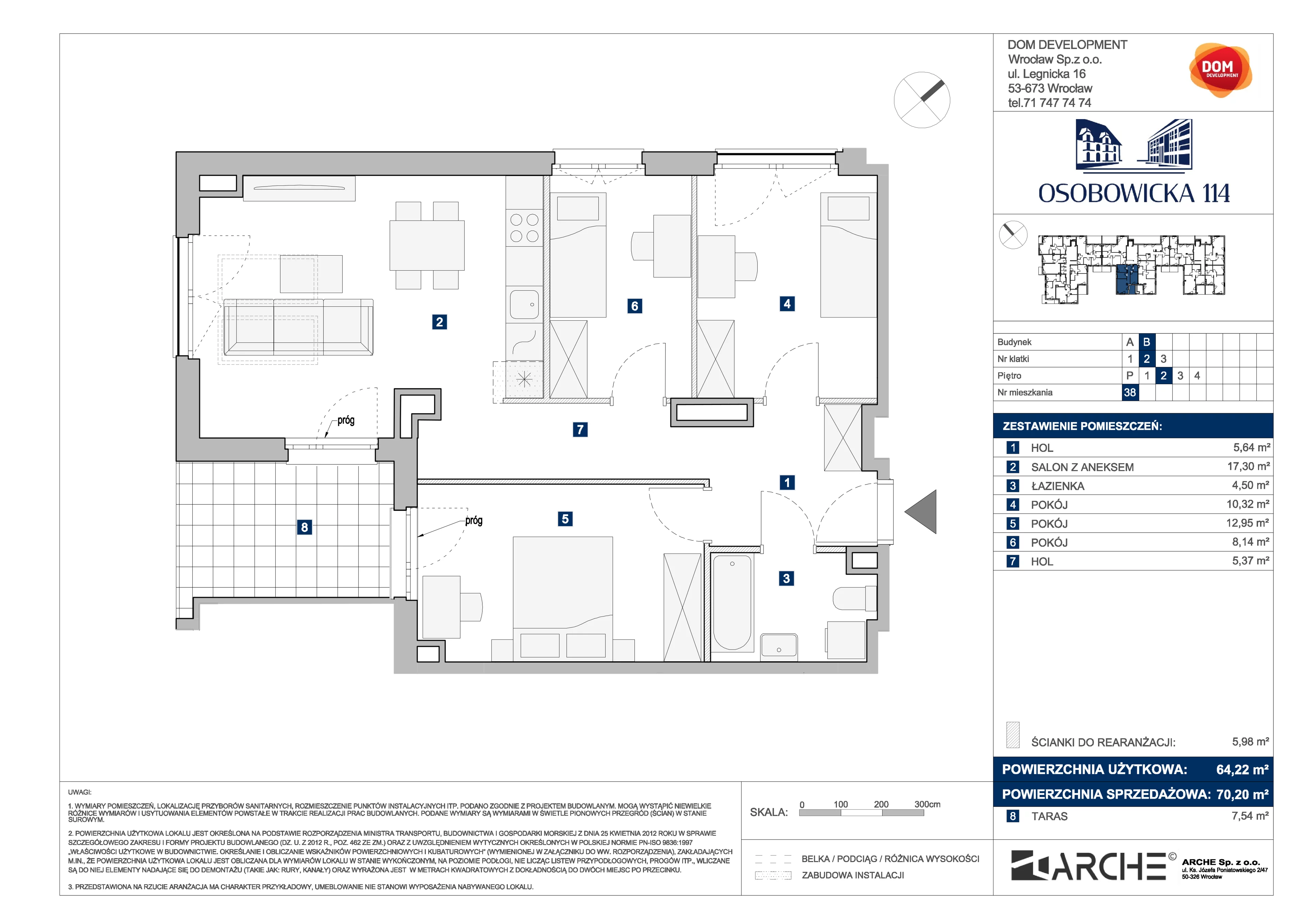 4 pokoje, mieszkanie 70,20 m², piętro 2, oferta nr B/38, Osobowicka 114, Wrocław, Osobowice-Rędzin, Fabryczna, ul. Osobowicka 114