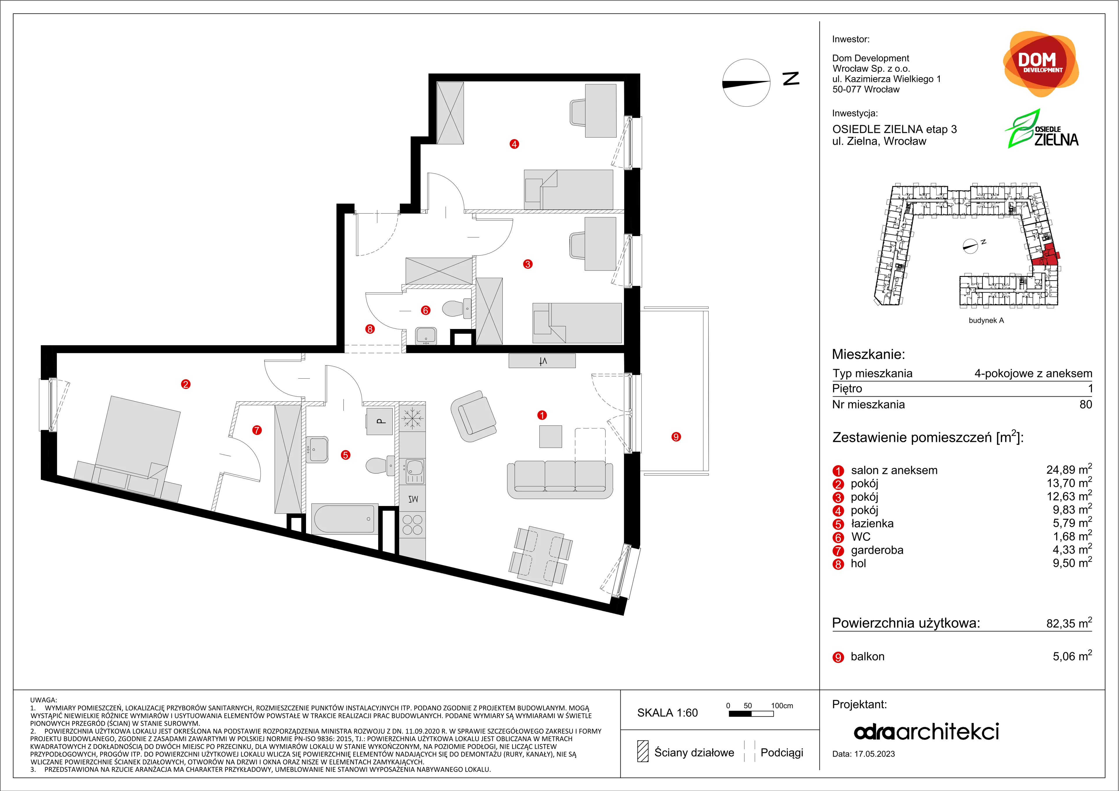 Mieszkanie 82,35 m², piętro 1, oferta nr A/80, Osiedle Zielna, Wrocław, Psie Pole-Zawidawie, Psie Pole, ul. Zielna