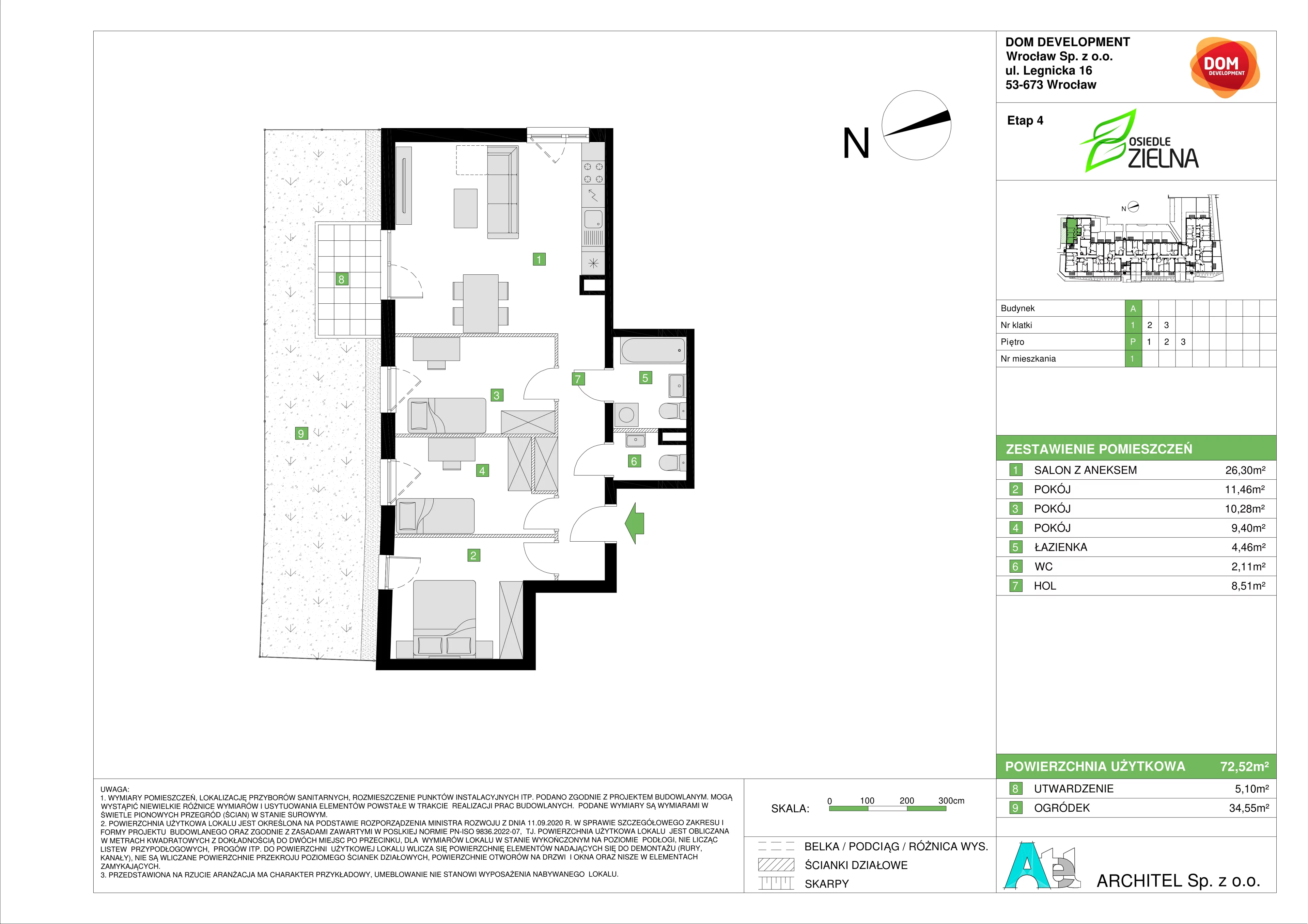 Mieszkanie 72,52 m², parter, oferta nr A/1, Osiedle Zielna 4, Wrocław, Psie Pole-Zawidawie, Psie Pole, ul. Zielna / Bylinowa