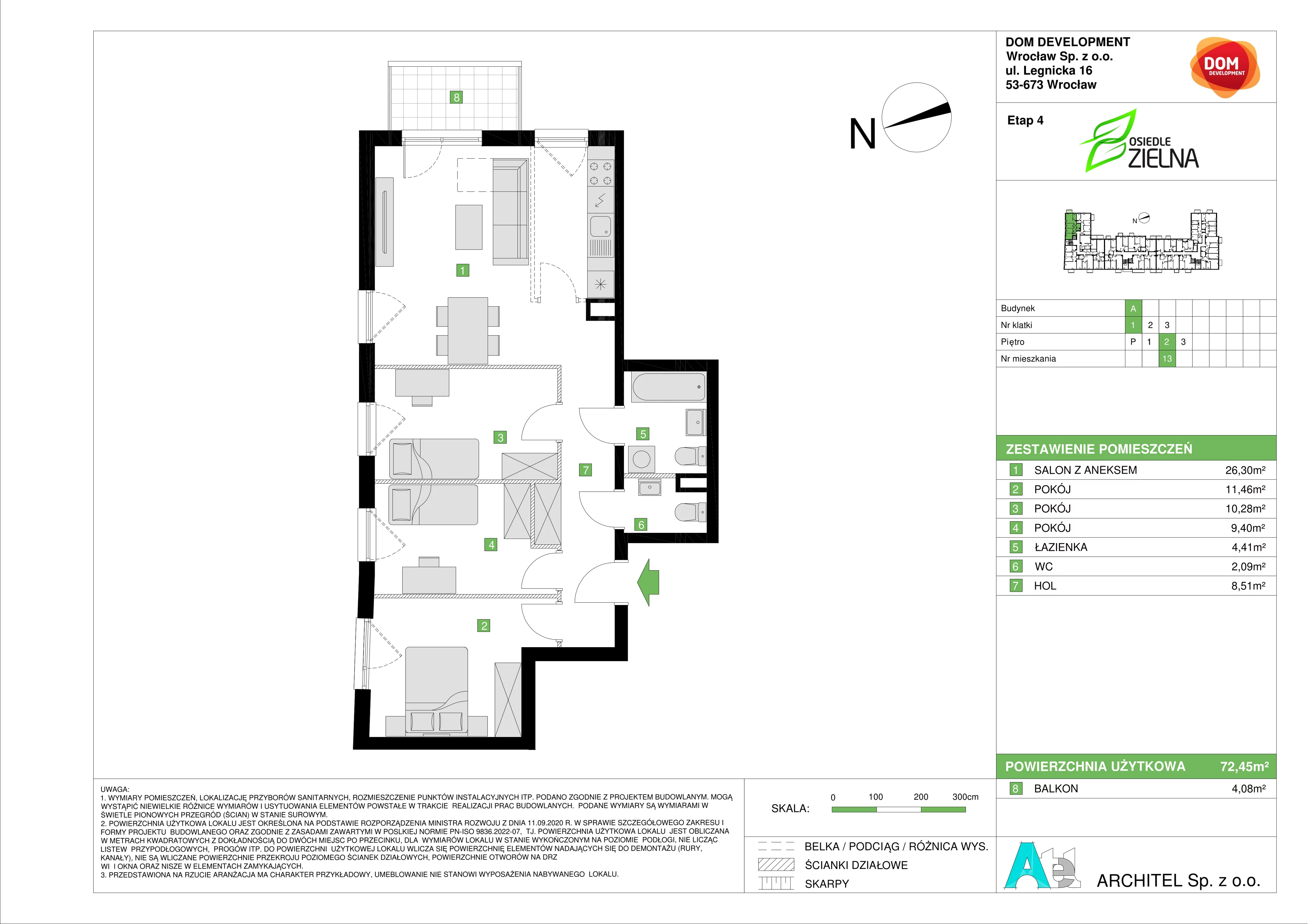 Mieszkanie 72,45 m², piętro 2, oferta nr A/13, Osiedle Zielna 4, Wrocław, Psie Pole-Zawidawie, Psie Pole, ul. Zielna / Bylinowa