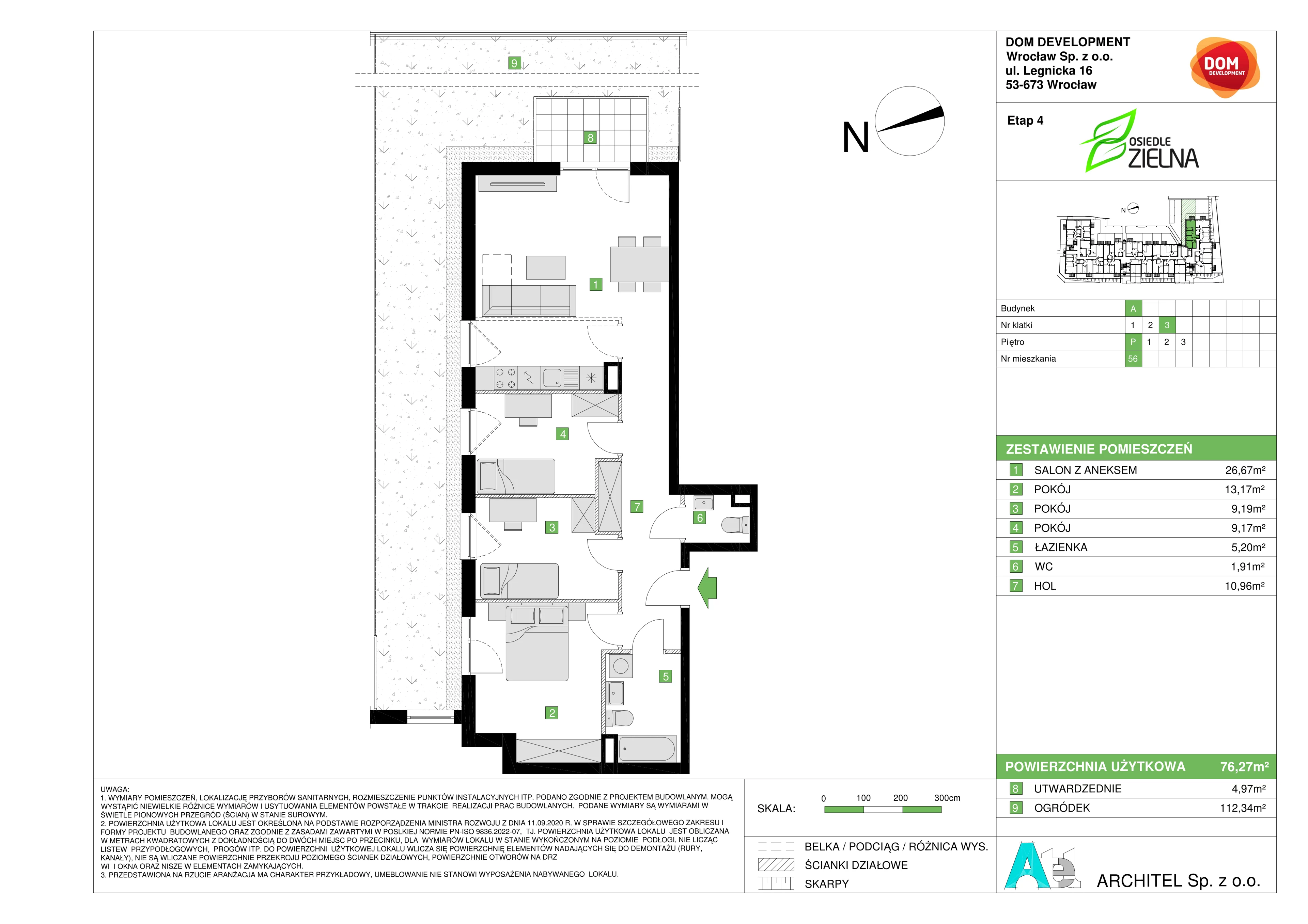 4 pokoje, mieszkanie 76,27 m², parter, oferta nr A/56, Osiedle Zielna 4, Wrocław, Psie Pole-Zawidawie, Psie Pole, ul. Zielna / Bylinowa