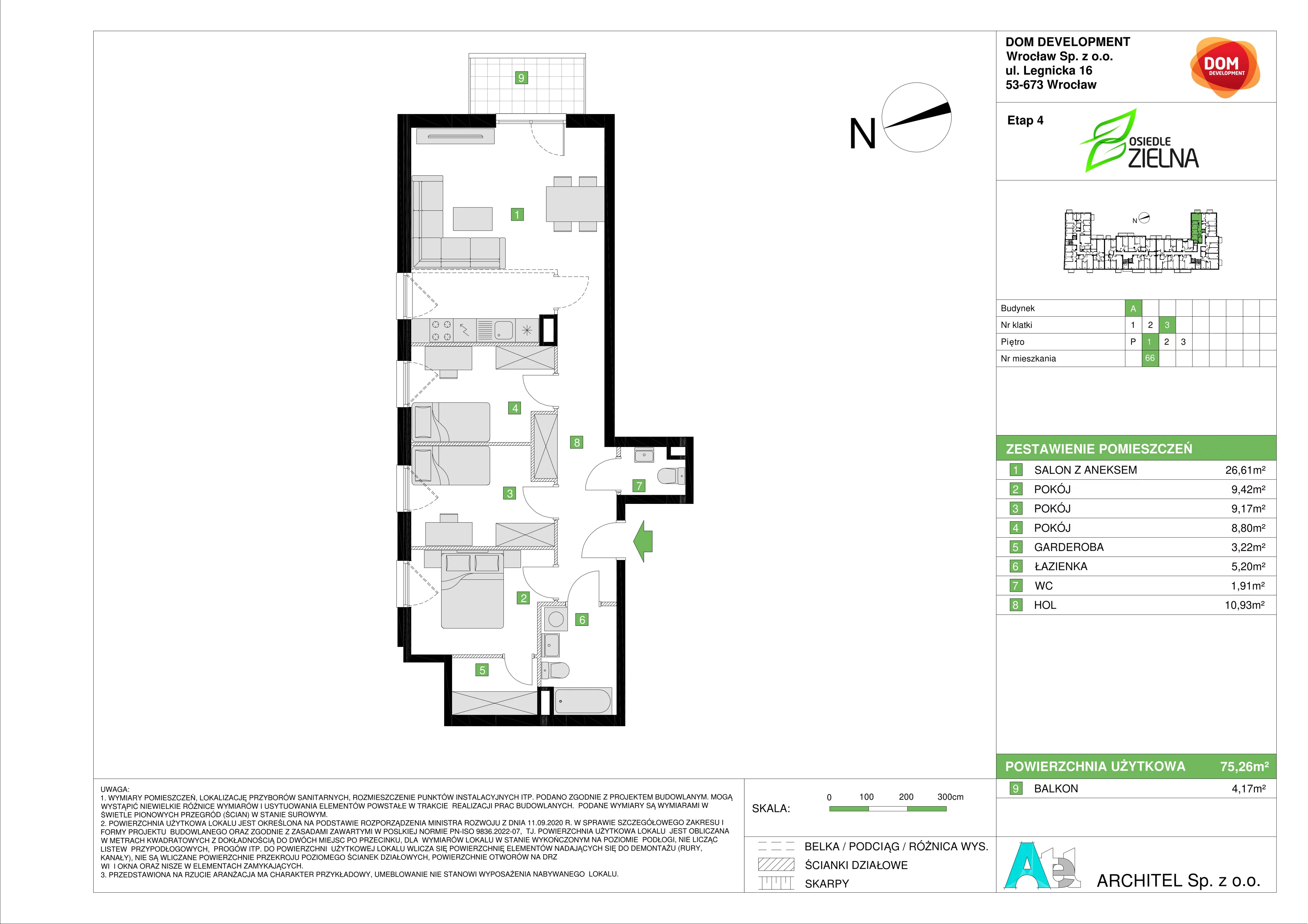 Mieszkanie 75,26 m², piętro 1, oferta nr A/66, Osiedle Zielna 4, Wrocław, Psie Pole-Zawidawie, Psie Pole, ul. Zielna / Bylinowa