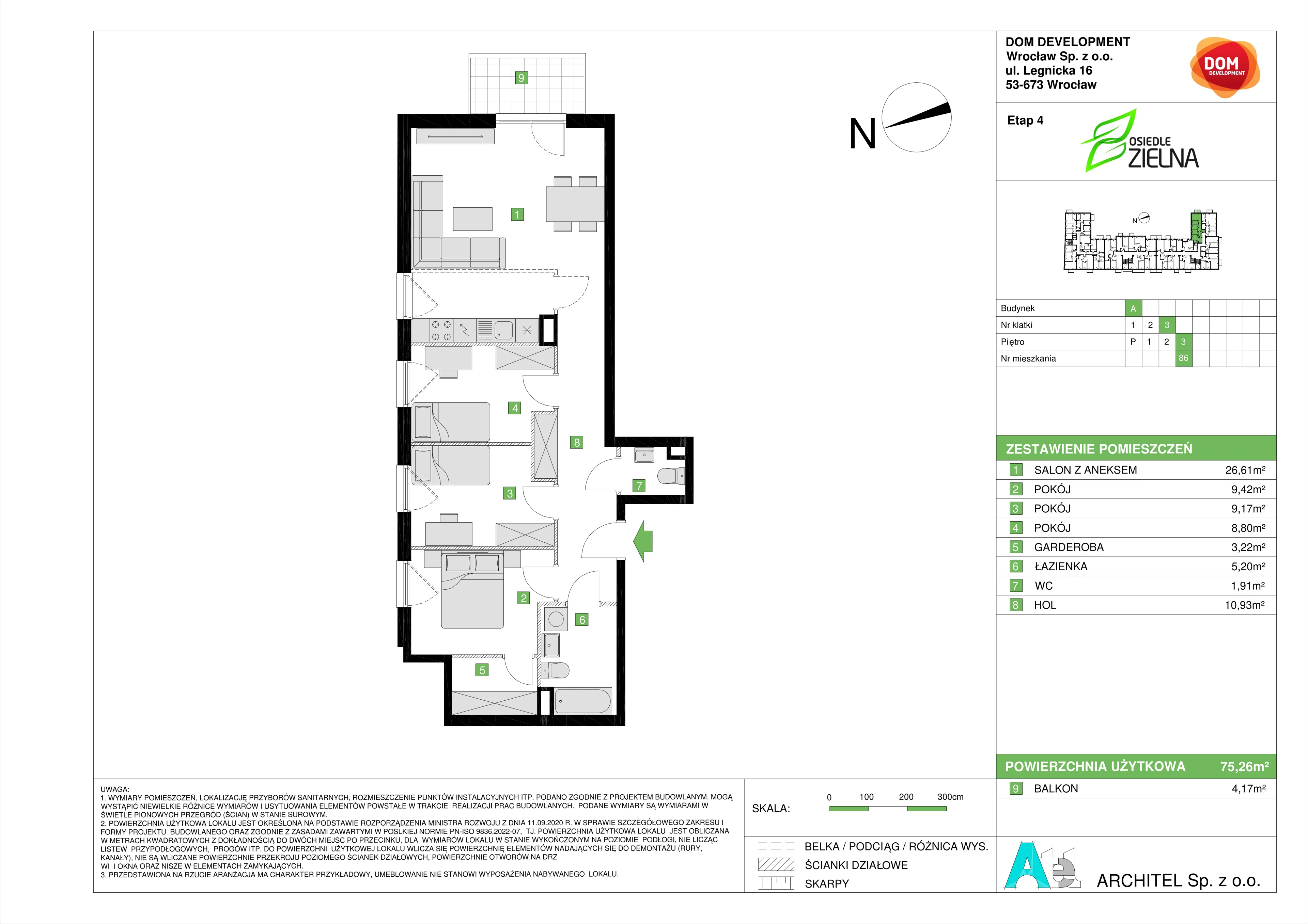 Mieszkanie 75,26 m², piętro 3, oferta nr A/86, Osiedle Zielna 4, Wrocław, Psie Pole-Zawidawie, Psie Pole, ul. Zielna / Bylinowa