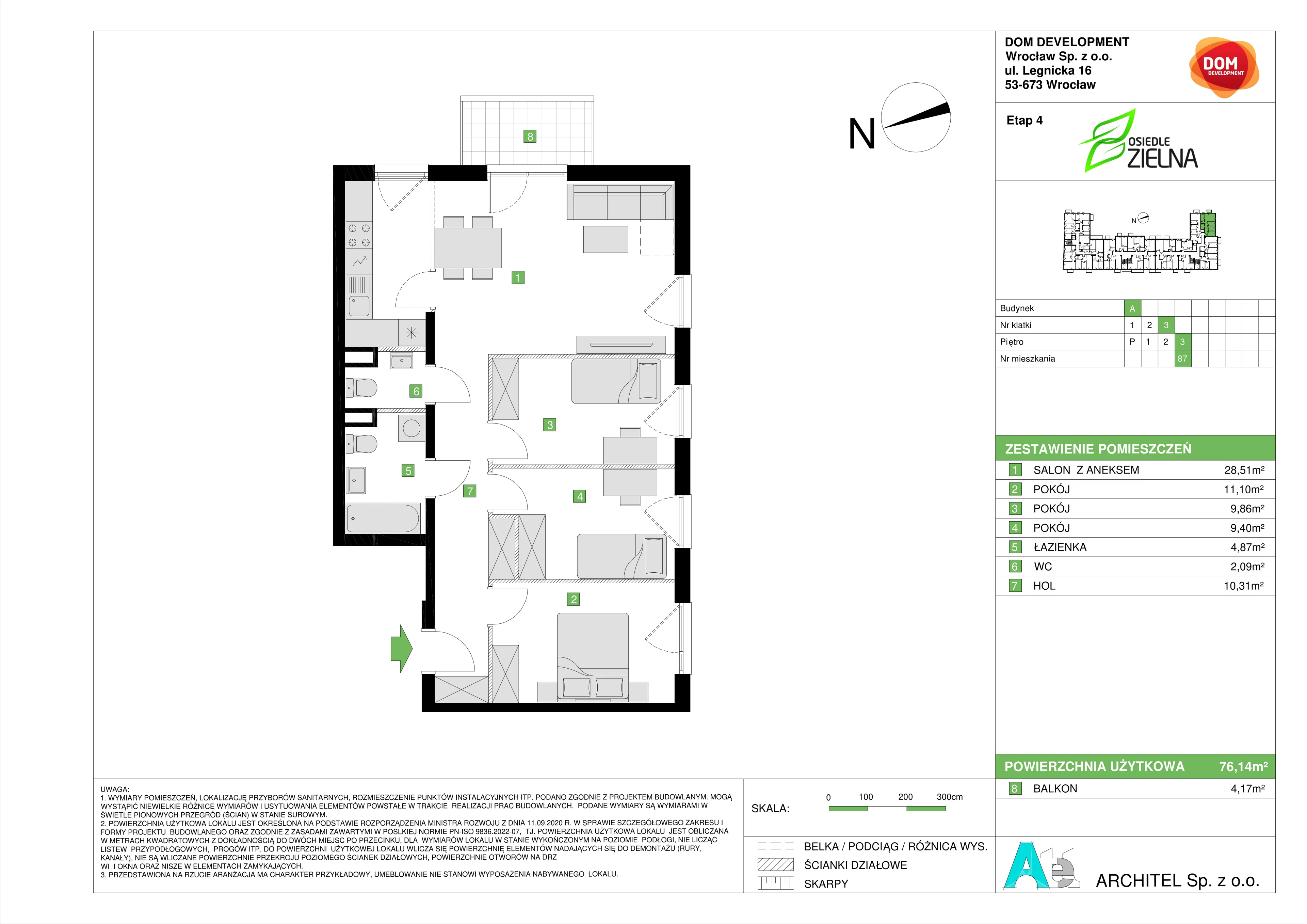 4 pokoje, mieszkanie 76,14 m², piętro 3, oferta nr A/87, Osiedle Zielna 4, Wrocław, Psie Pole-Zawidawie, Psie Pole, ul. Zielna / Bylinowa