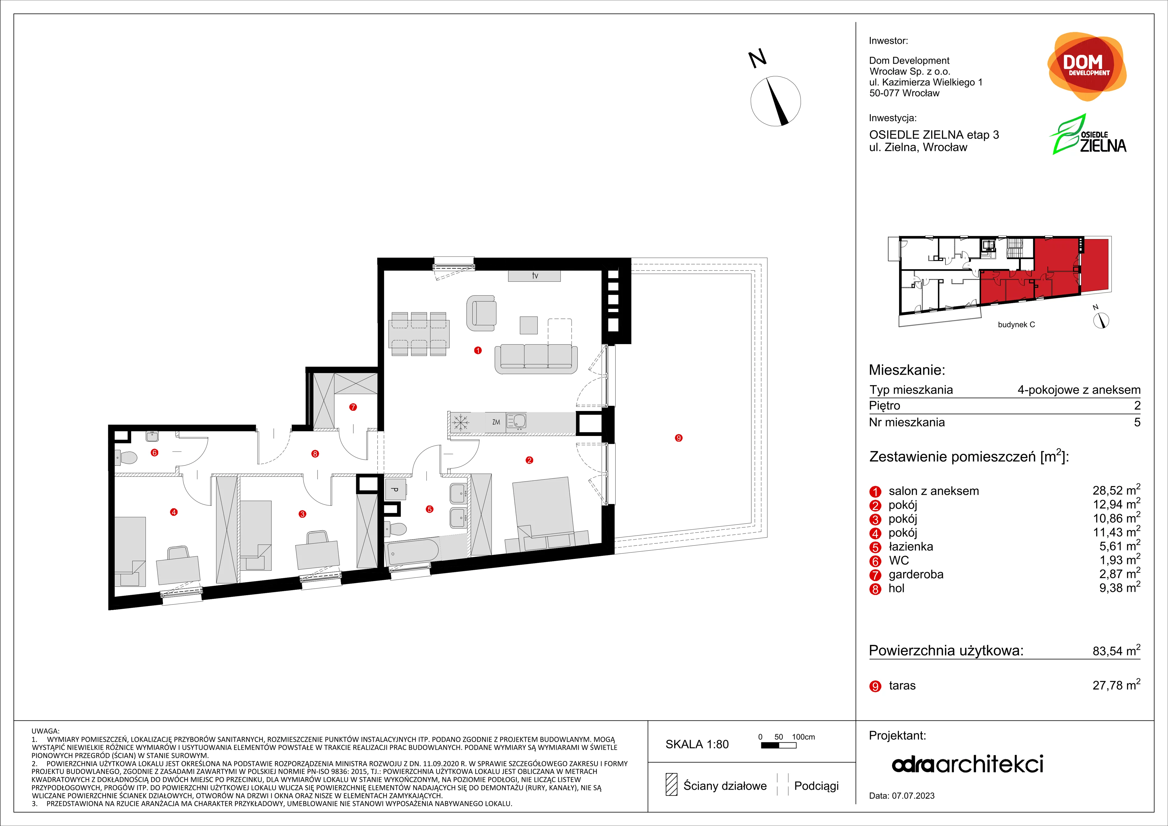 Mieszkanie 83,54 m², piętro 2, oferta nr C/5, Osiedle Zielna, Wrocław, Psie Pole-Zawidawie, Psie Pole, ul. Zielna