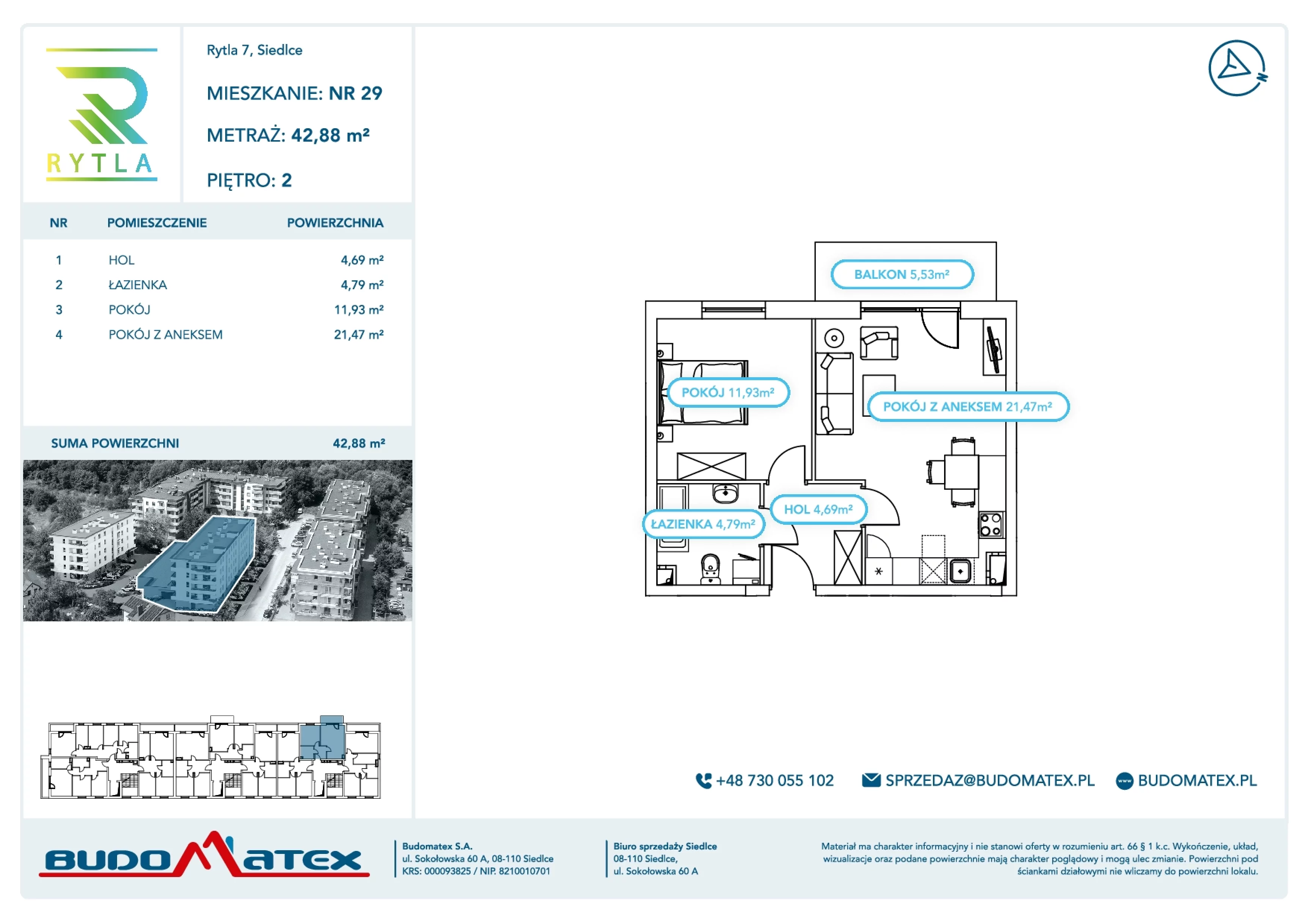 2 pokoje, mieszkanie 42,88 m², piętro 2, oferta nr R7.29, SIEDLCE, Rytla, Siedlce, ul. Aleksandra Rytla