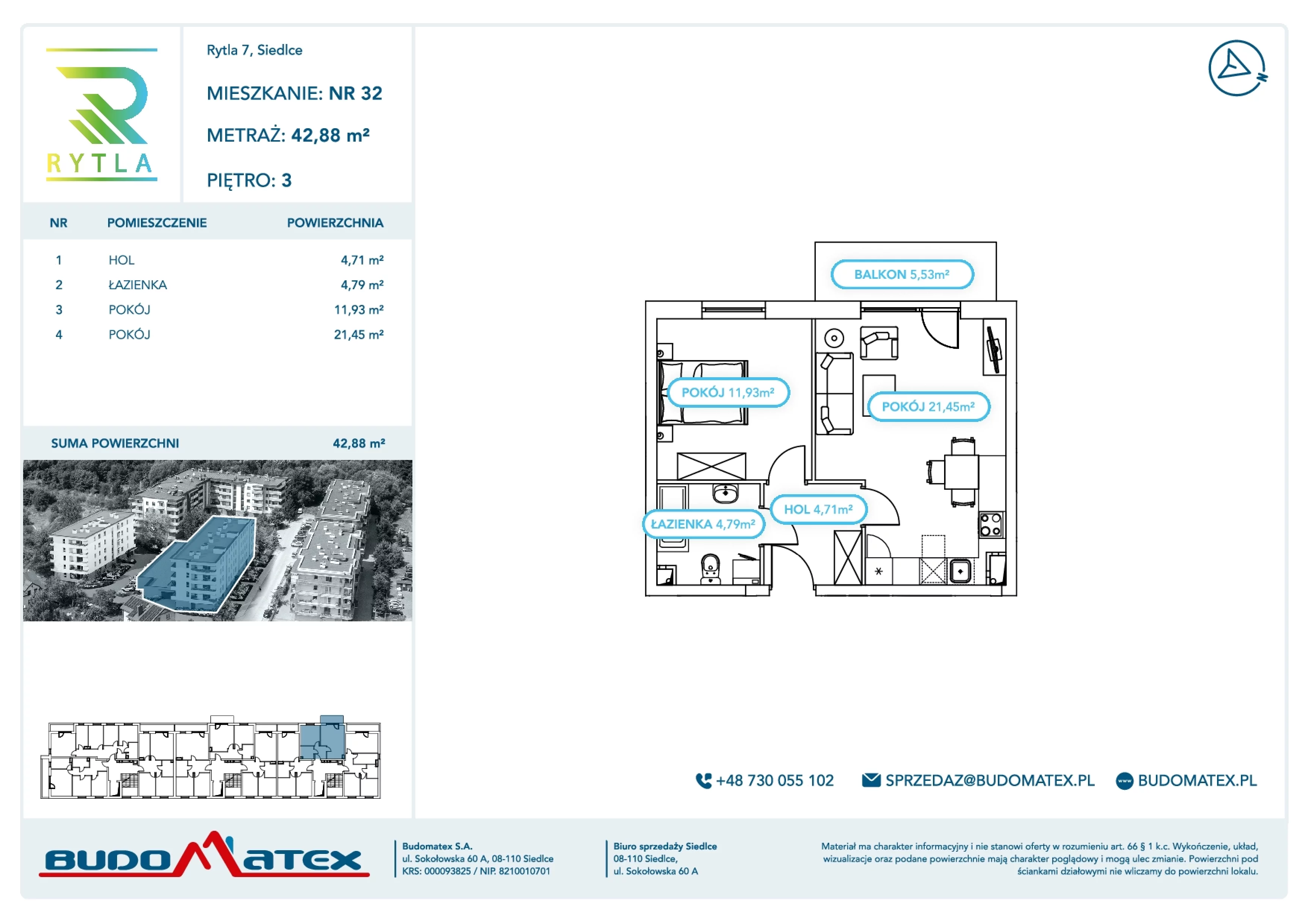 2 pokoje, mieszkanie 42,88 m², piętro 3, oferta nr R7.32, SIEDLCE, Rytla, Siedlce, ul. Aleksandra Rytla