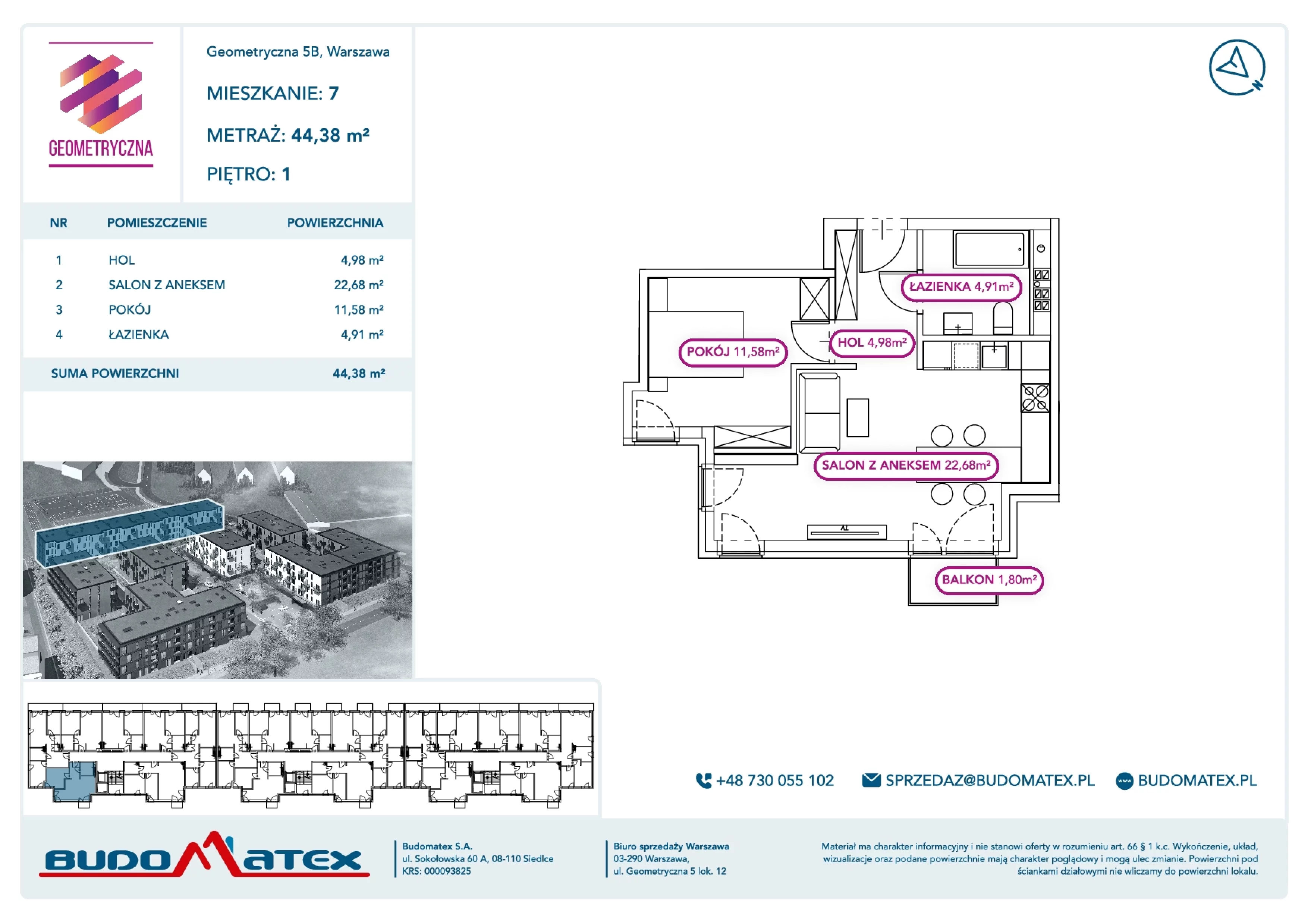 2 pokoje, mieszkanie 44,38 m², piętro 1, oferta nr G5B.07, Geometryczna 5B, Warszawa, Białołęka, Grodzisk, ul. Geometryczna 5B