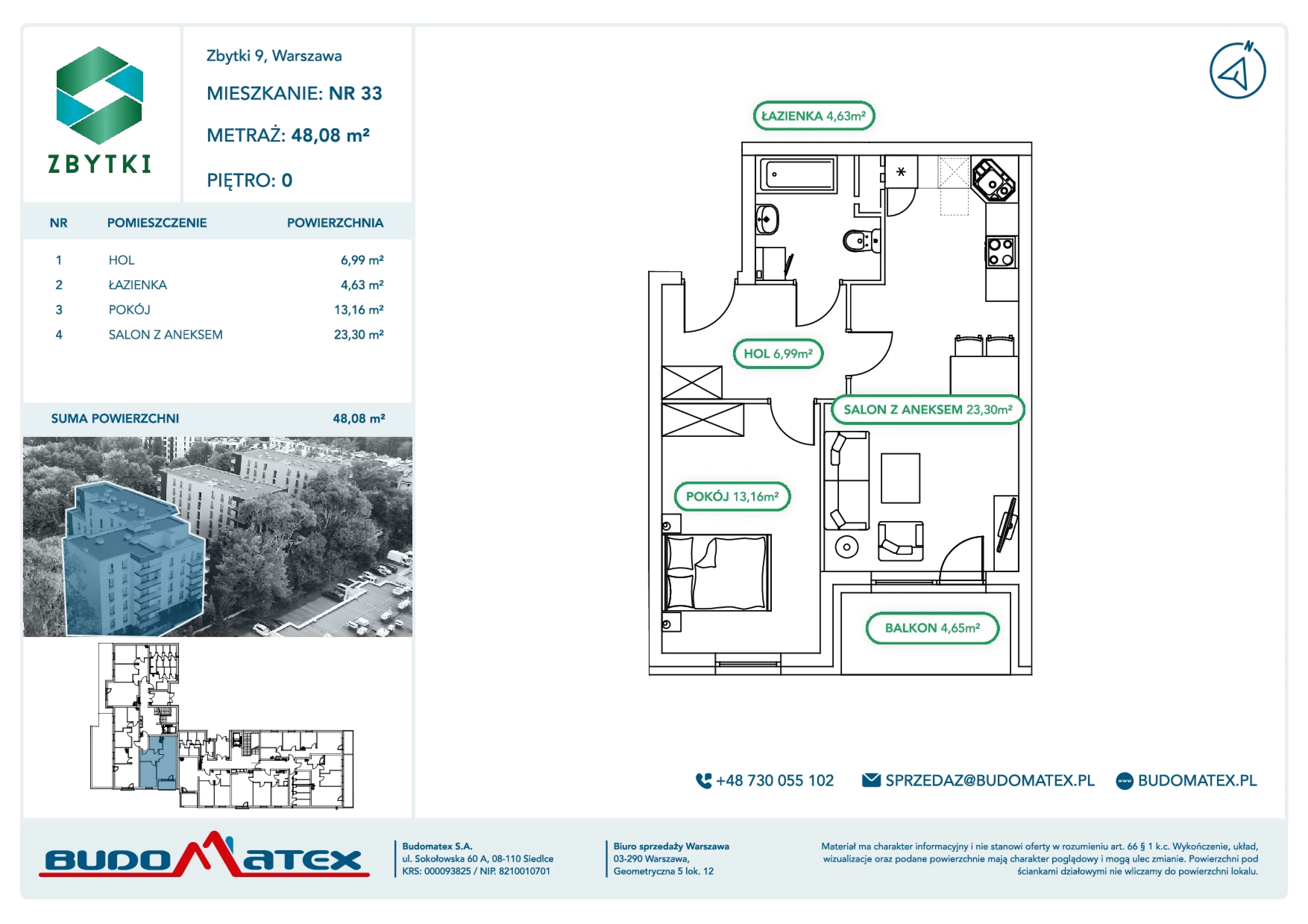 2 pokoje, mieszkanie 48,08 m², parter, oferta nr Z9.33, Osiedle Zbytki, Warszawa, Białołęka, Nowodwory, ul. Zbytki 9