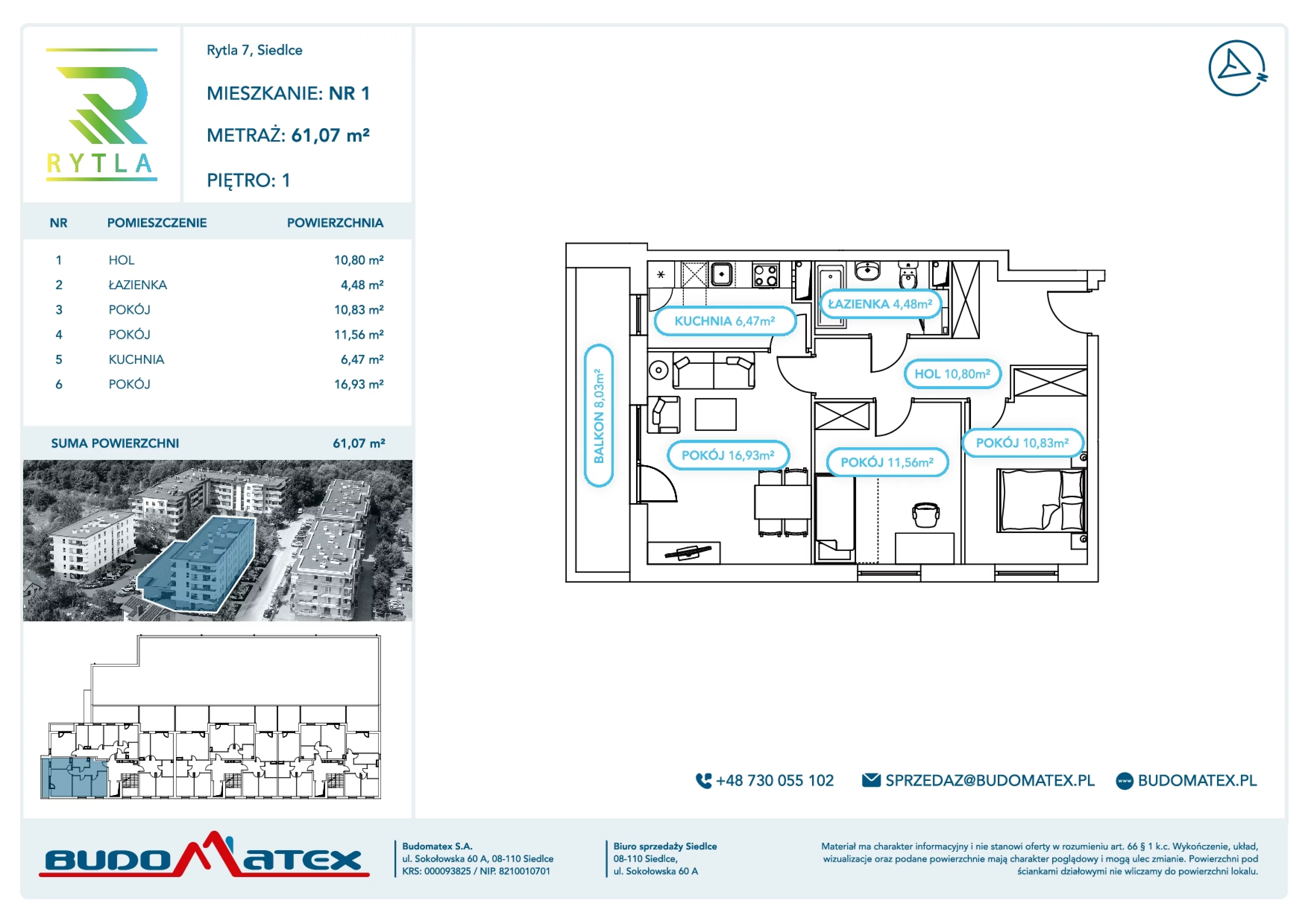3 pokoje, mieszkanie 61,07 m², piętro 1, oferta nr R7.1, SIEDLCE, Rytla, Siedlce, ul. Aleksandra Rytla