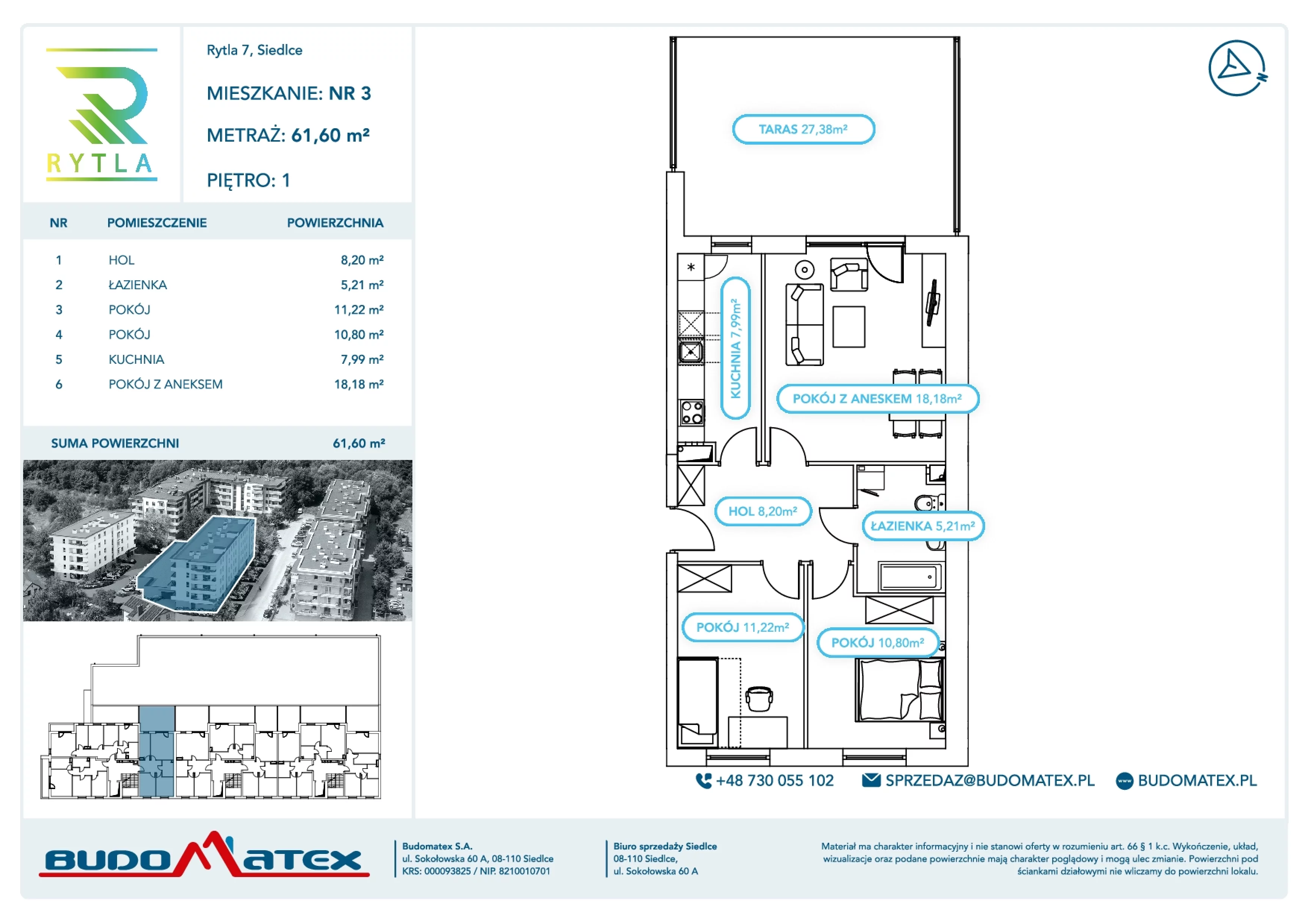 3 pokoje, mieszkanie 61,60 m², piętro 1, oferta nr R7.3, SIEDLCE, Rytla, Siedlce, ul. Aleksandra Rytla
