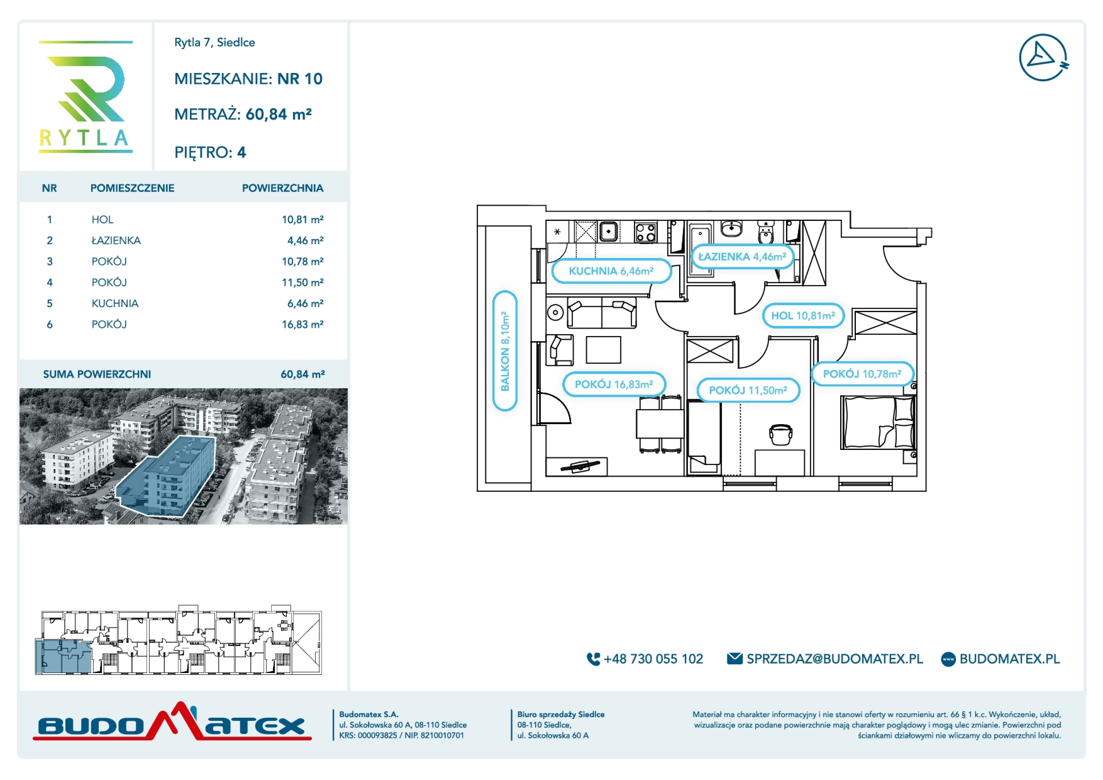 3 pokoje, mieszkanie 60,84 m², piętro 4, oferta nr R7.10, SIEDLCE, Rytla, Siedlce, ul. Aleksandra Rytla