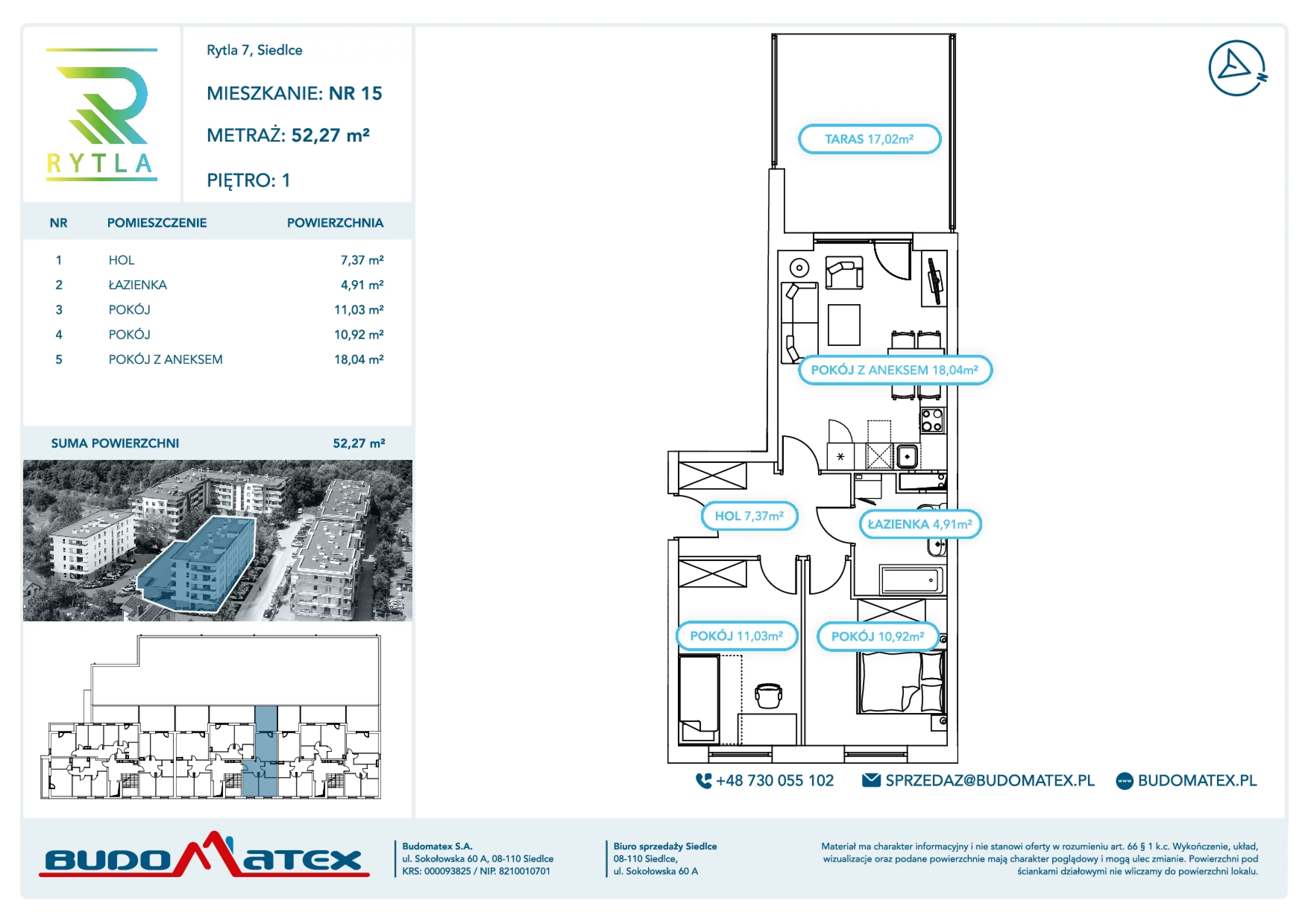 3 pokoje, mieszkanie 52,27 m², piętro 1, oferta nr R7.15, SIEDLCE, Rytla, Siedlce, ul. Aleksandra Rytla