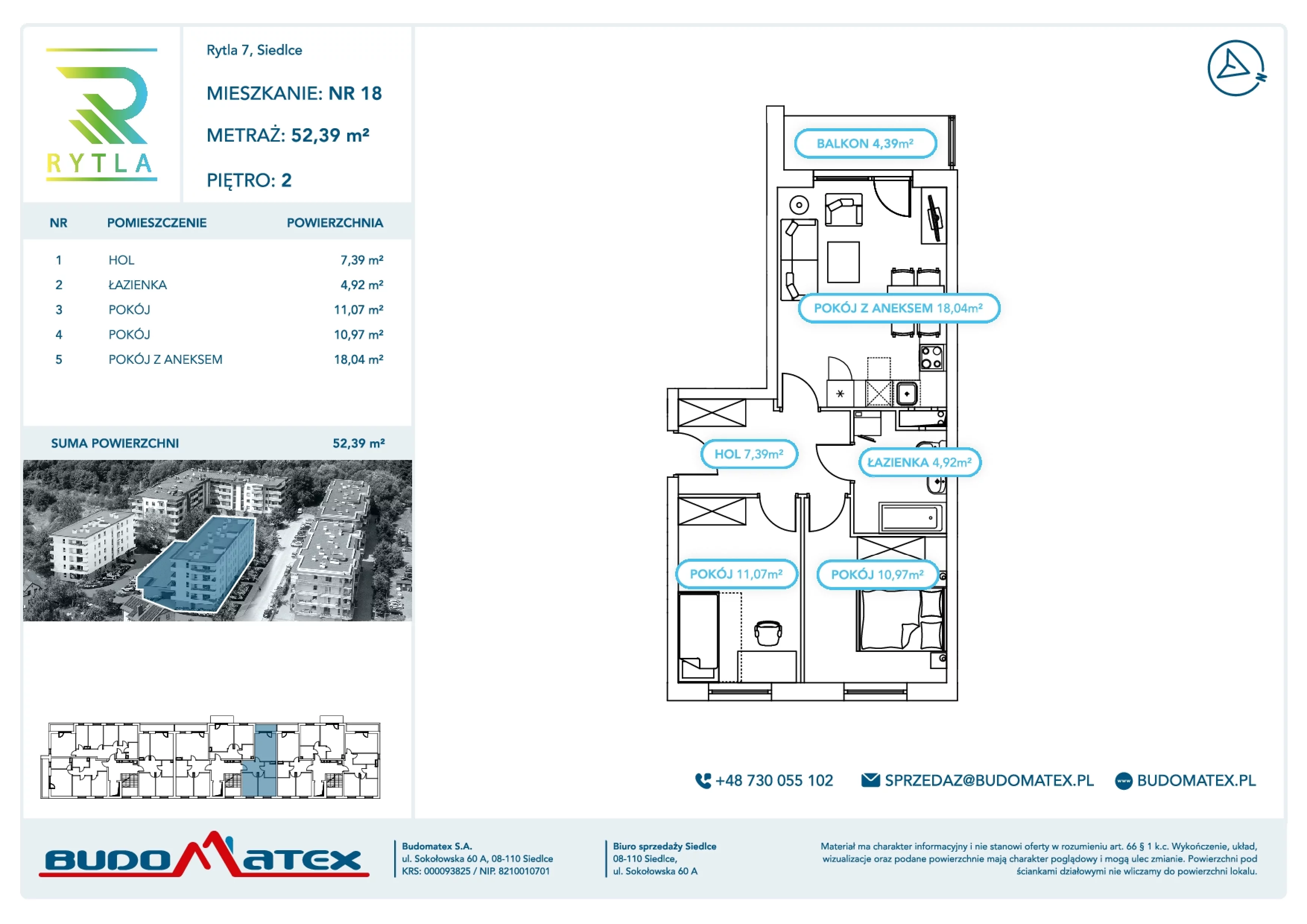 3 pokoje, mieszkanie 52,39 m², piętro 2, oferta nr R7.18, SIEDLCE, Rytla, Siedlce, ul. Aleksandra Rytla