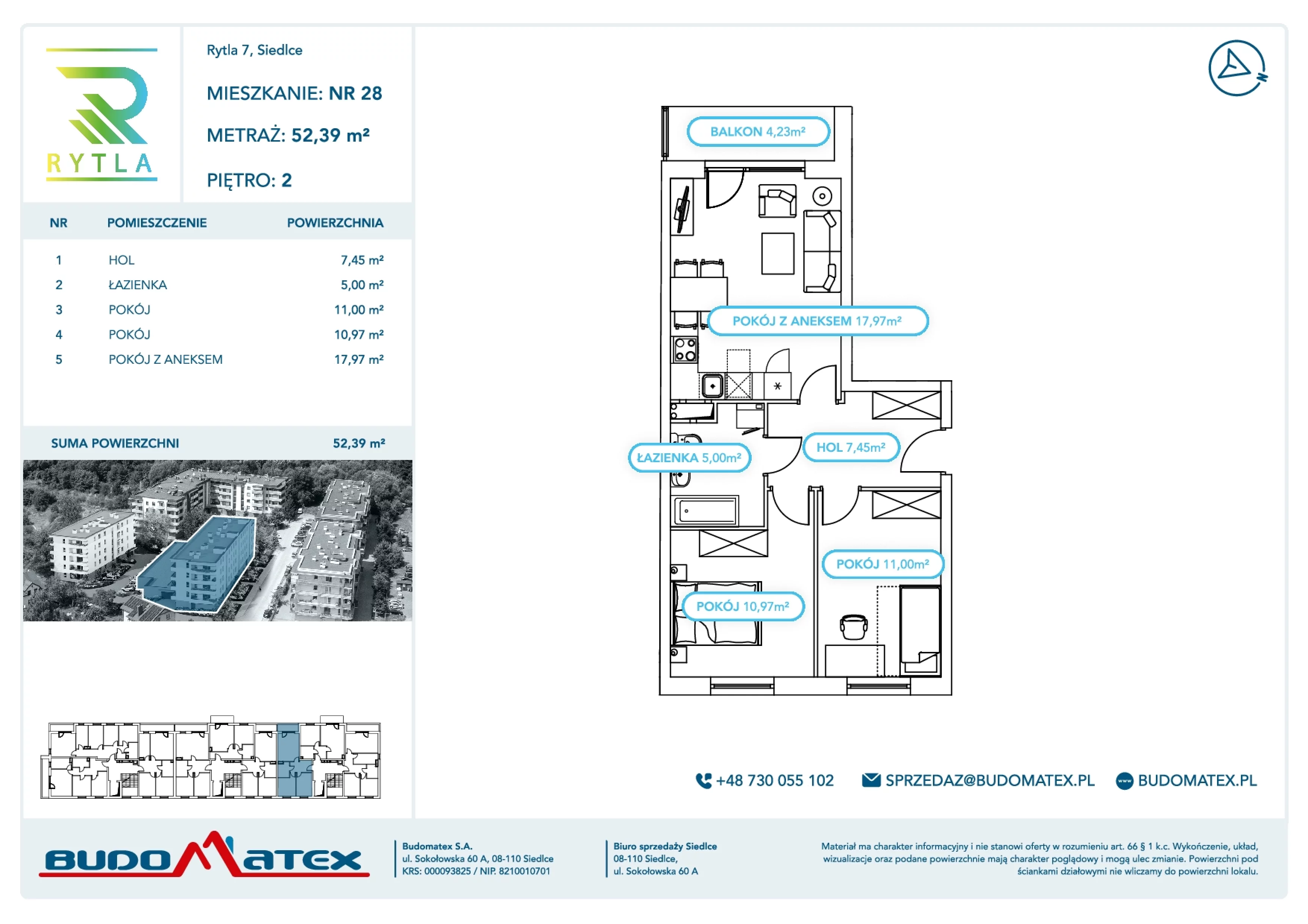 3 pokoje, mieszkanie 52,39 m², piętro 2, oferta nr R7.28, SIEDLCE, Rytla, Siedlce, ul. Aleksandra Rytla