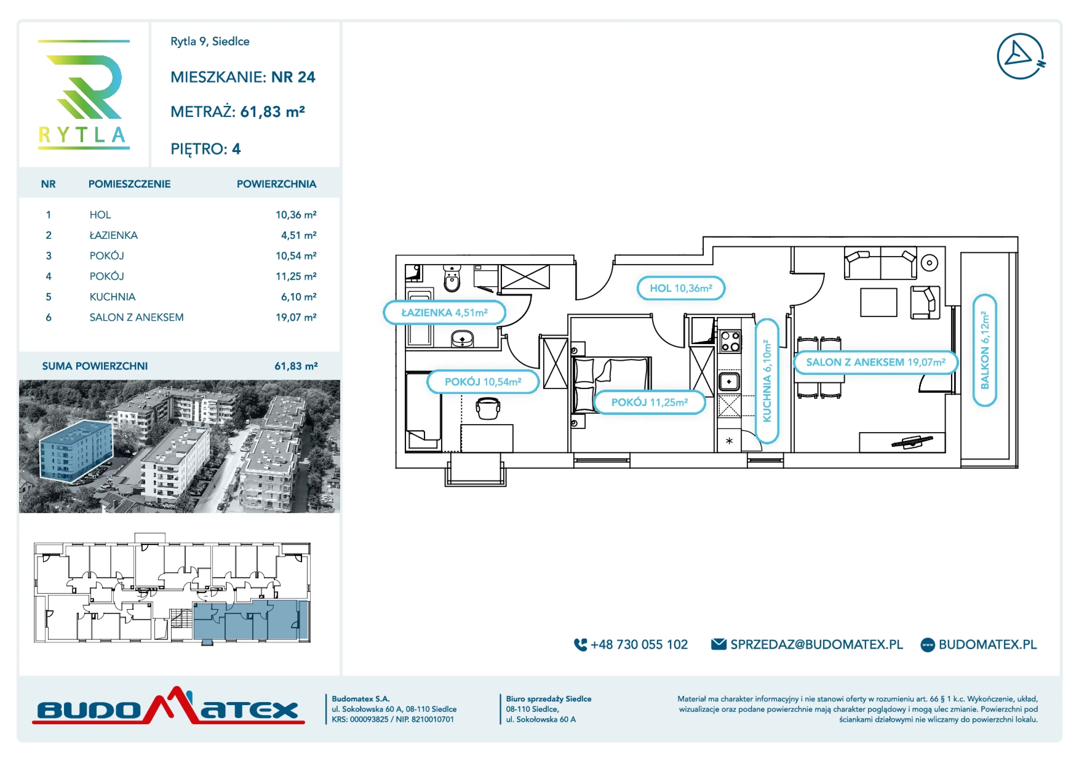 3 pokoje, mieszkanie 61,83 m², piętro 4, oferta nr R9.24, SIEDLCE, Rytla, Siedlce, ul. Aleksandra Rytla