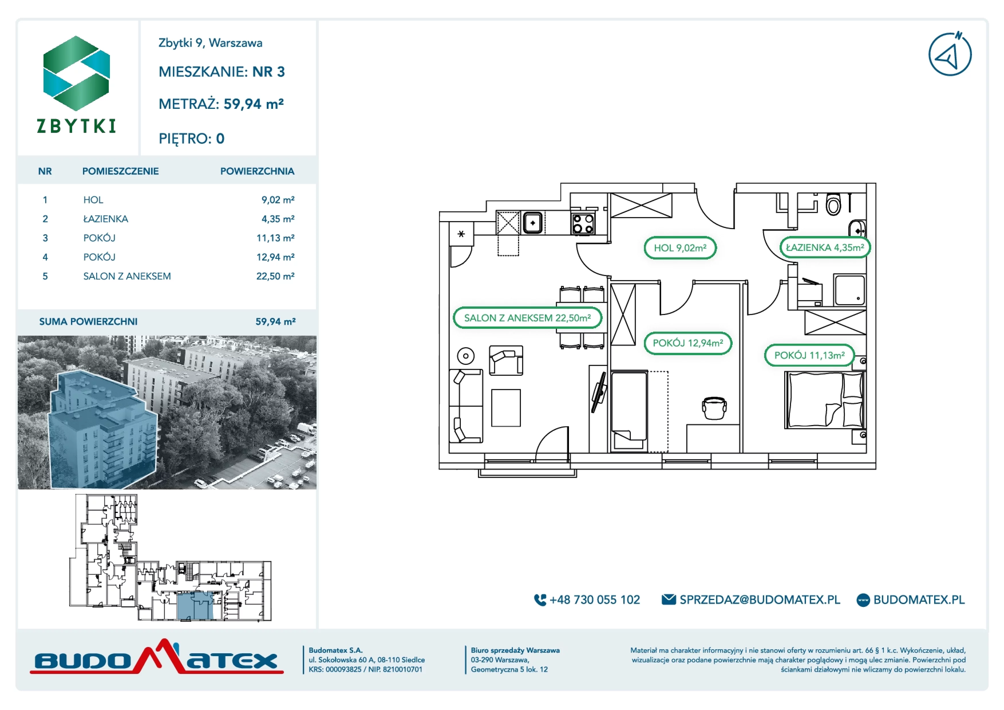 3 pokoje, mieszkanie 59,94 m², parter, oferta nr Z9.03, Osiedle Zbytki, Warszawa, Białołęka, Nowodwory, ul. Zbytki 9