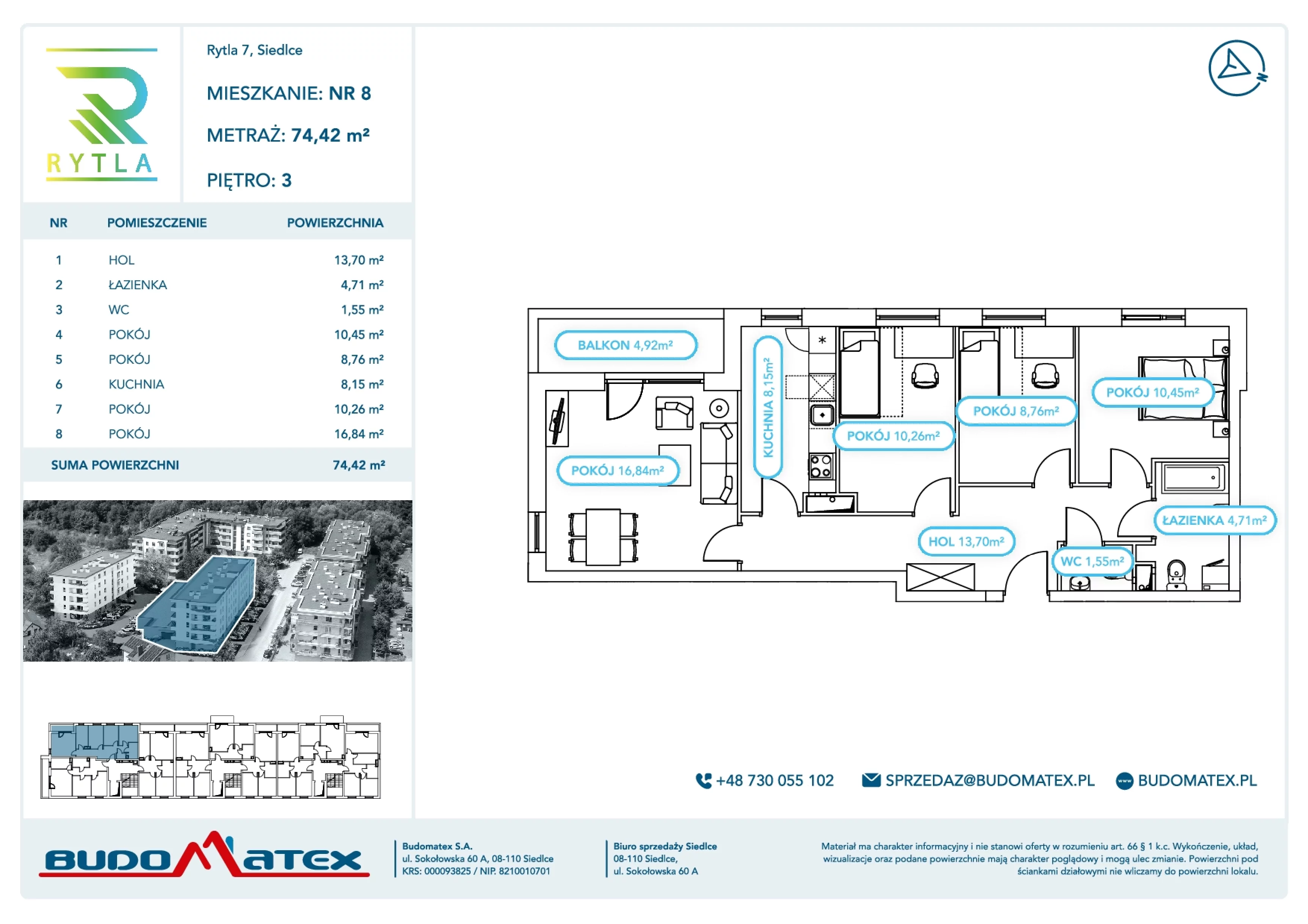 4 pokoje, mieszkanie 74,42 m², piętro 3, oferta nr R7.8, SIEDLCE, Rytla, Siedlce, ul. Aleksandra Rytla