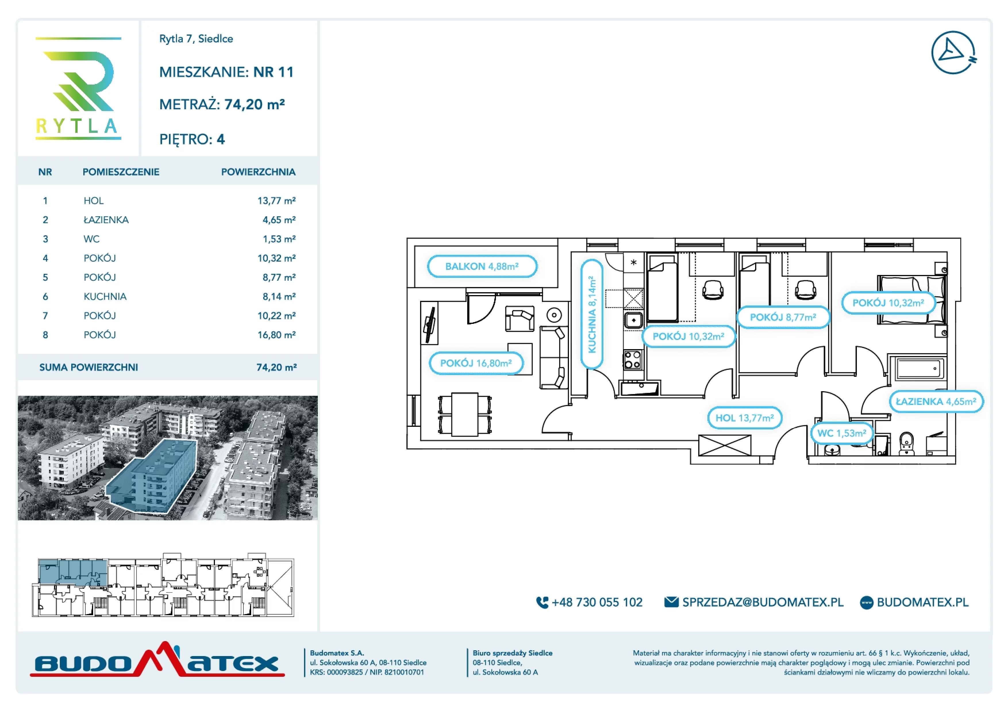 4 pokoje, mieszkanie 74,20 m², piętro 4, oferta nr R7.11, SIEDLCE, Rytla, Siedlce, ul. Aleksandra Rytla