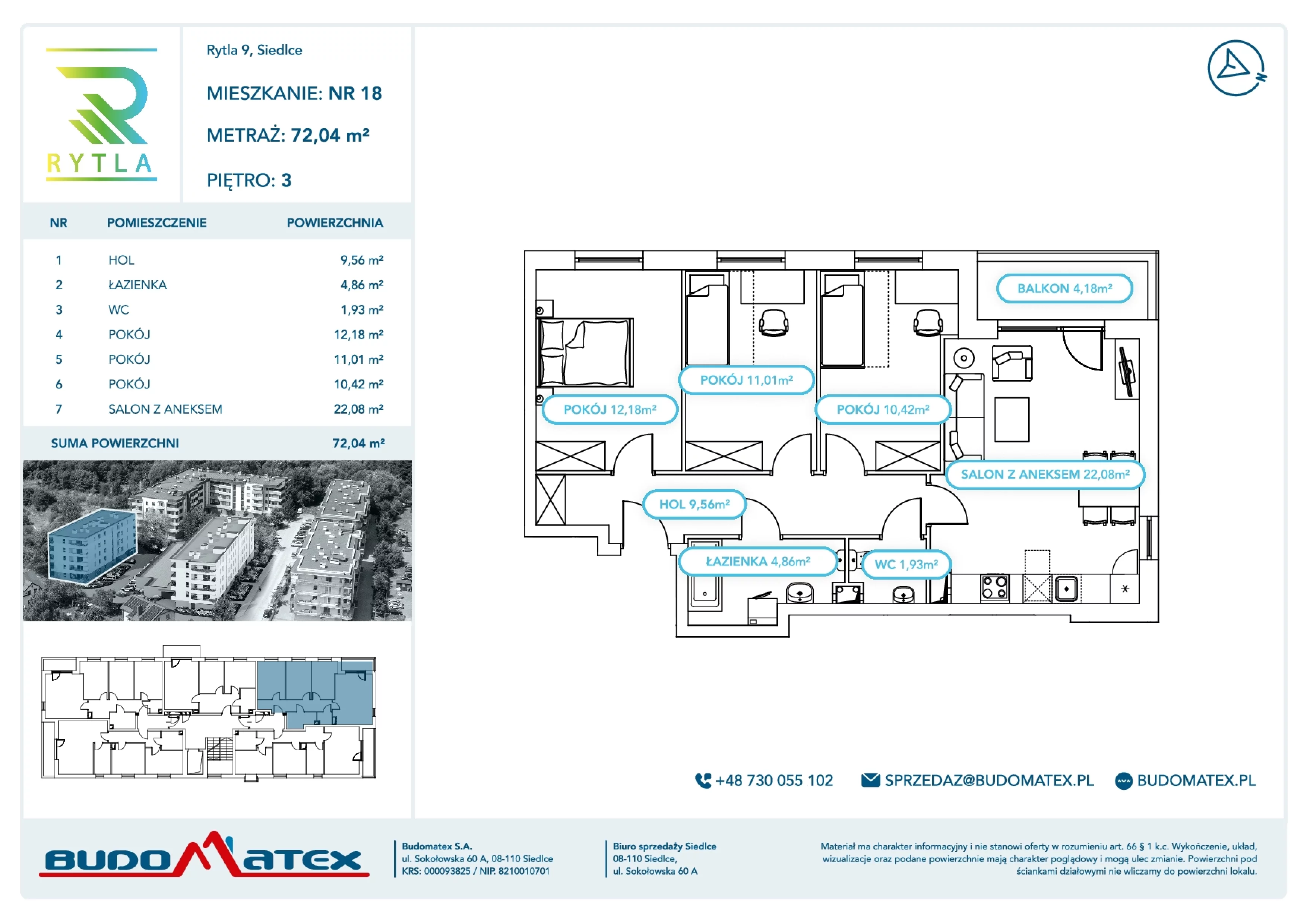 4 pokoje, mieszkanie 72,04 m², piętro 3, oferta nr R9.18, SIEDLCE, Rytla, Siedlce, ul. Aleksandra Rytla