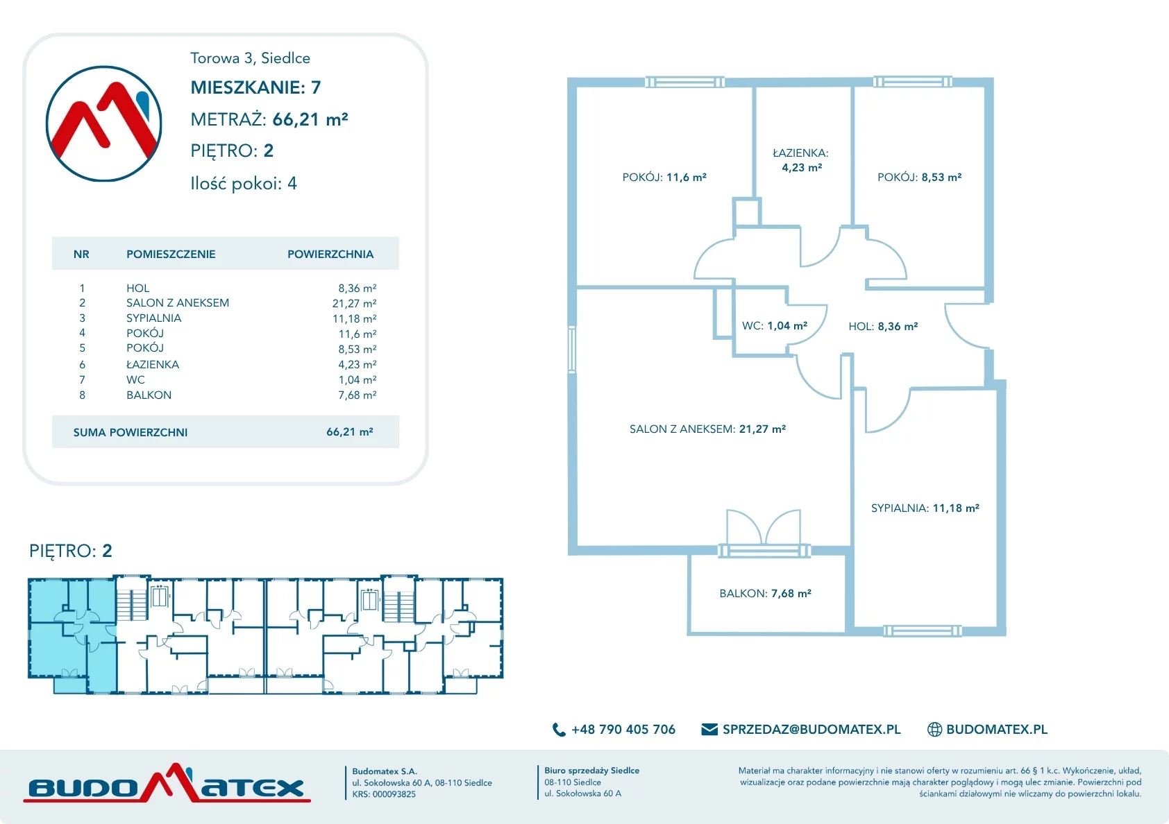4 pokoje, mieszkanie 66,21 m², piętro 2, oferta nr 7, SIEDLCE, Torowa, Siedlce, Osiedle Sulimów, ul. Torowa / Floriańska