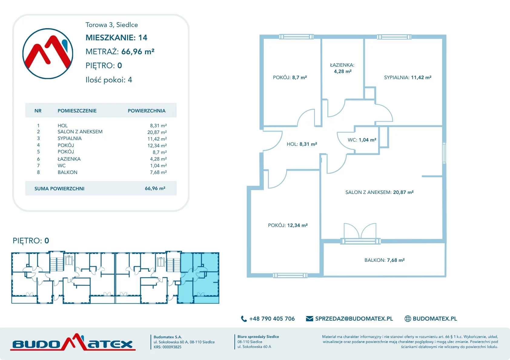 4 pokoje, mieszkanie 66,96 m², parter, oferta nr 14, SIEDLCE, Torowa, Siedlce, Osiedle Sulimów, ul. Torowa / Floriańska