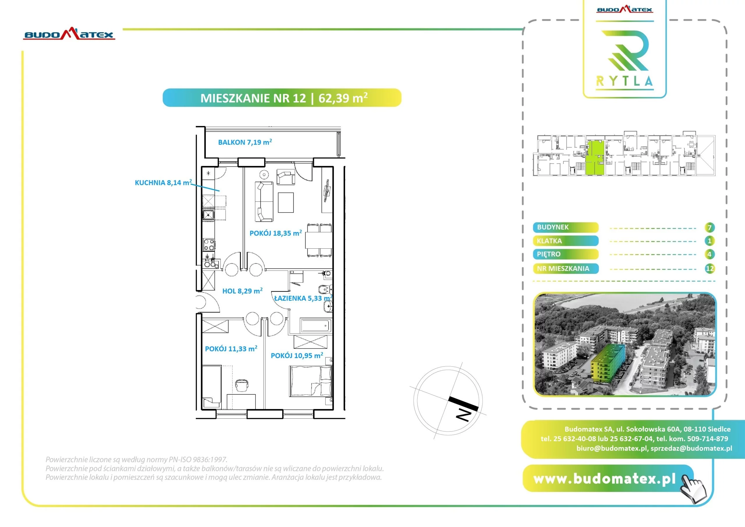 3 pokoje, mieszkanie 62,39 m², piętro 4, oferta nr R7.12, Osiedle Rytla, Siedlce, ul. Aleksandra Rytla