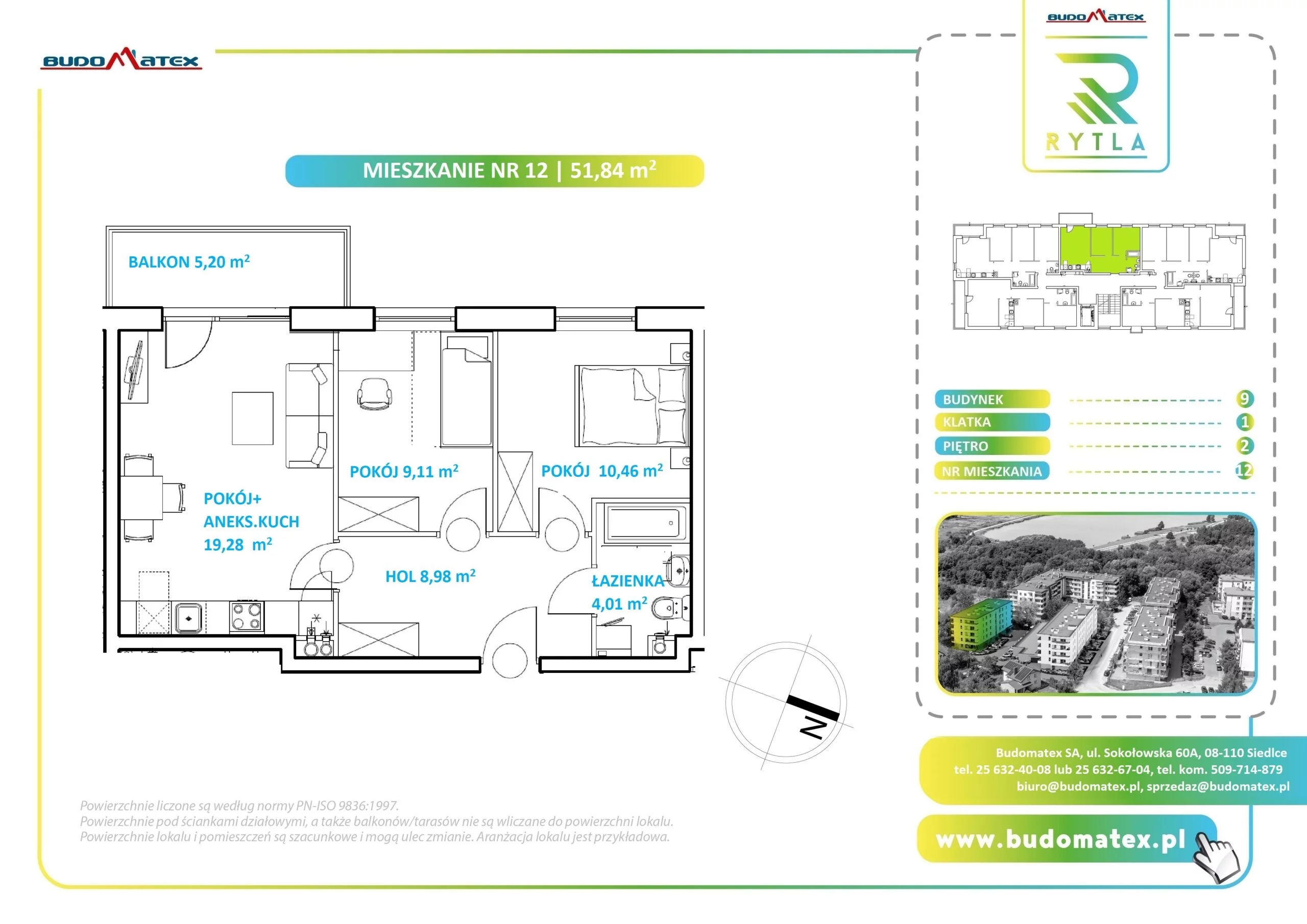 3 pokoje, mieszkanie 51,84 m², piętro 2, oferta nr R9.12, Osiedle Rytla, Siedlce, ul. Aleksandra Rytla