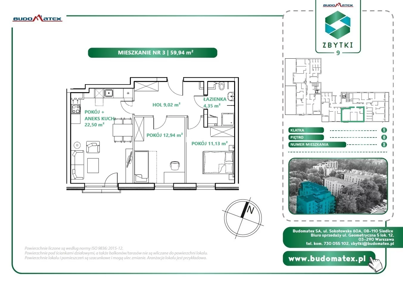 3 pokoje, mieszkanie 59,94 m², parter, oferta nr Z9.03, Osiedle Zbytki, Warszawa, Białołęka, Nowodwory, ul. Zbytki 9