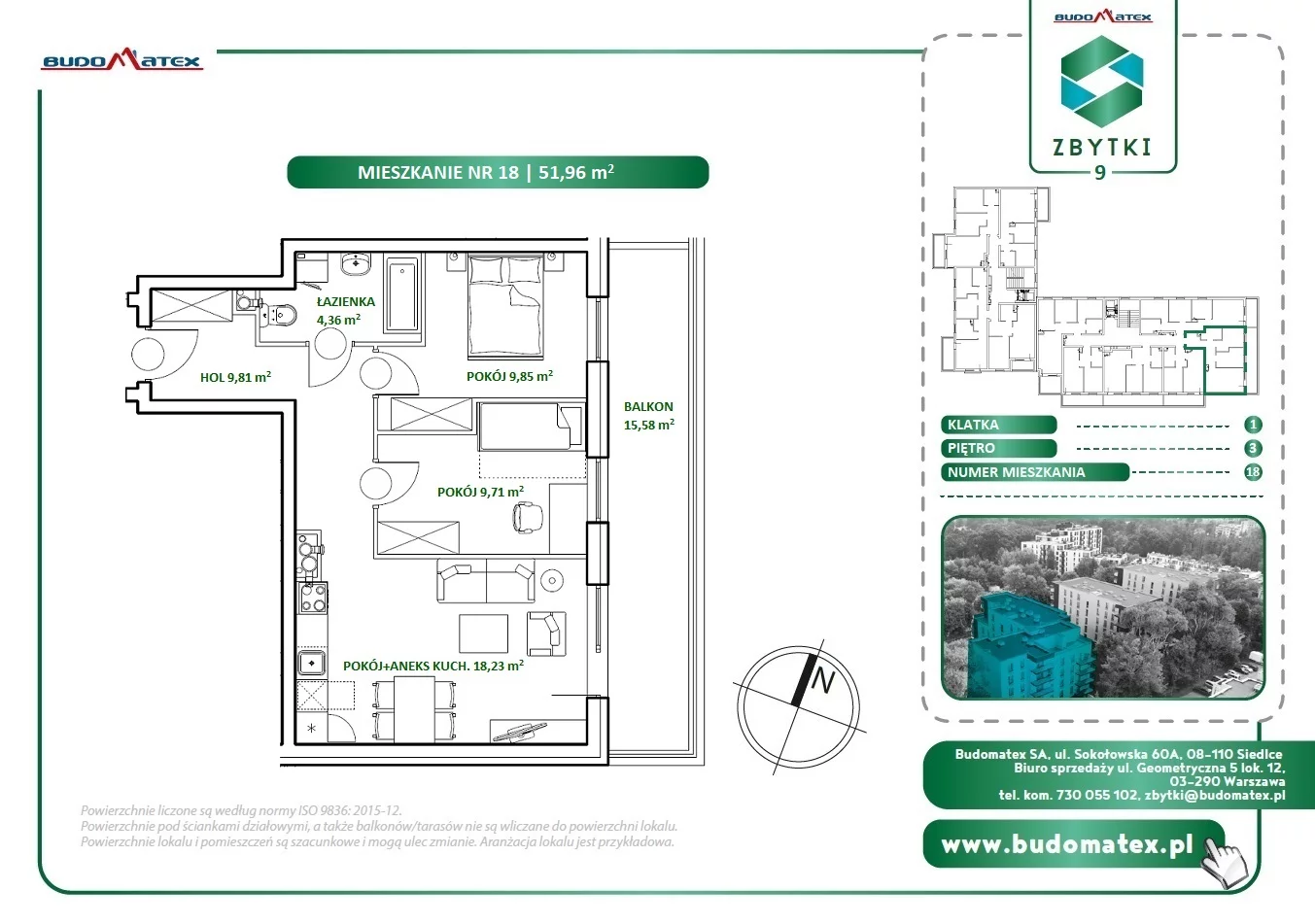 3 pokoje, mieszkanie 51,96 m², piętro 3, oferta nr Z9.18, Osiedle Zbytki, Warszawa, Białołęka, Nowodwory, ul. Zbytki 9