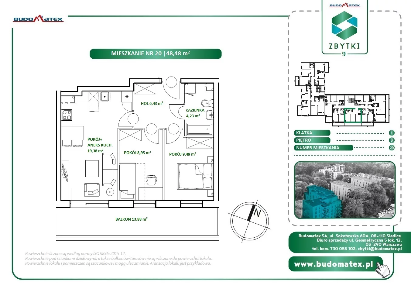 3 pokoje, mieszkanie 48,48 m², piętro 3, oferta nr Z9.20, Osiedle Zbytki, Warszawa, Białołęka, Nowodwory, ul. Zbytki 9