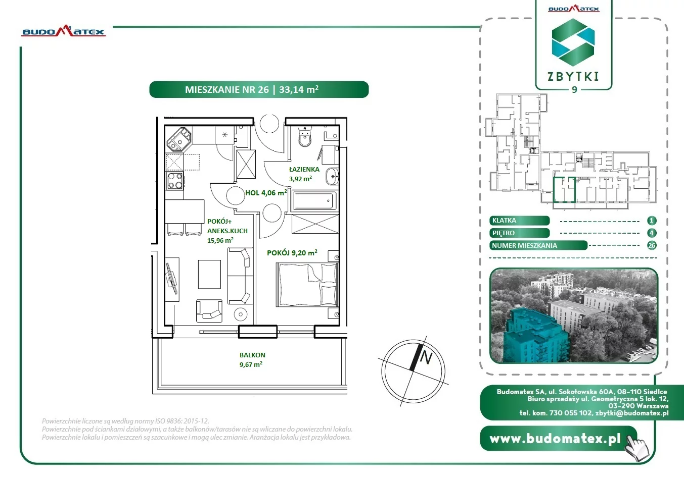 2 pokoje, mieszkanie 33,14 m², piętro 4, oferta nr Z9.26, Osiedle Zbytki, Warszawa, Białołęka, Nowodwory, ul. Zbytki 9