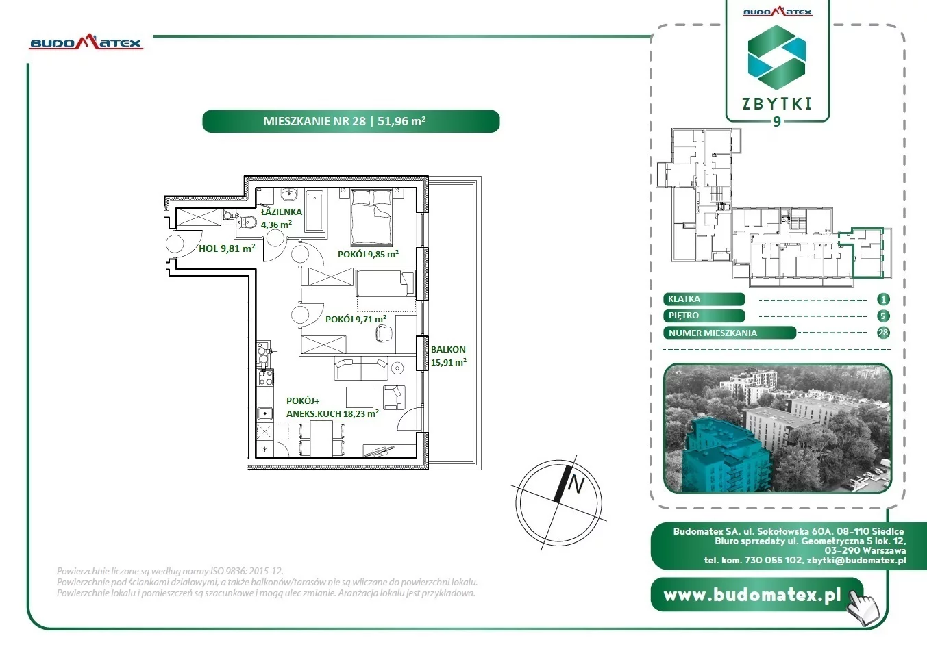3 pokoje, mieszkanie 51,96 m², piętro 5, oferta nr Z9.28, Osiedle Zbytki, Warszawa, Białołęka, Nowodwory, ul. Zbytki 9