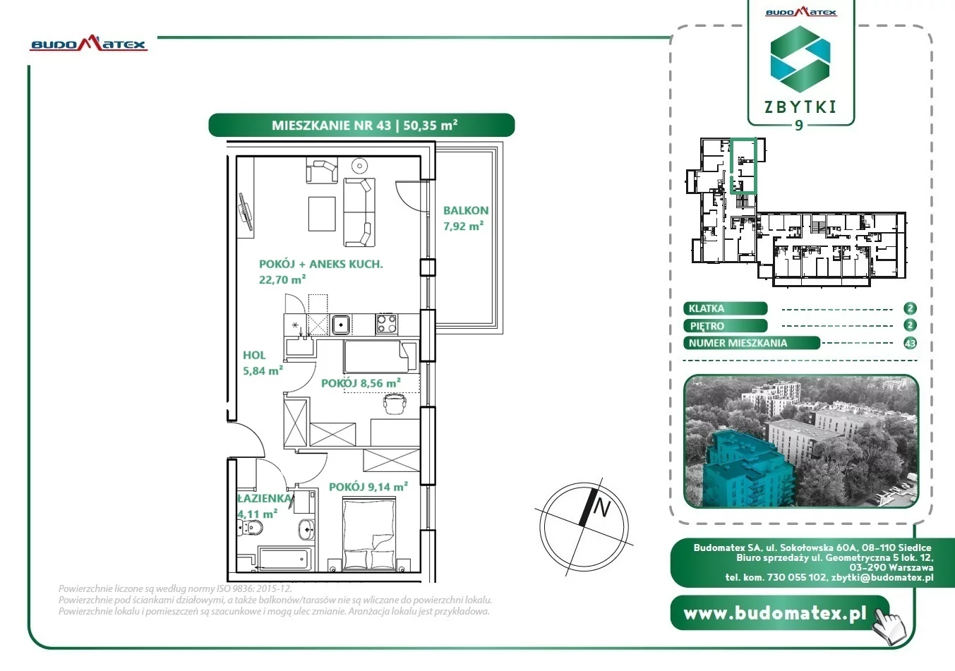 3 pokoje, mieszkanie 50,35 m², piętro 2, oferta nr Z9.43, Osiedle Zbytki, Warszawa, Białołęka, Nowodwory, ul. Zbytki 9