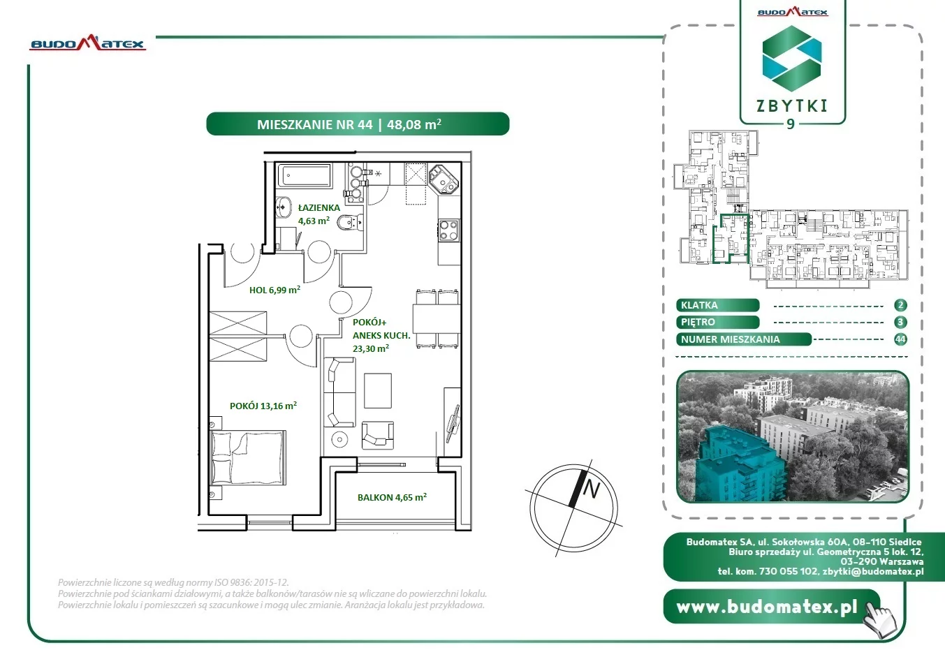 2 pokoje, mieszkanie 48,08 m², piętro 3, oferta nr Z9.44, Osiedle Zbytki, Warszawa, Białołęka, Nowodwory, ul. Zbytki 9