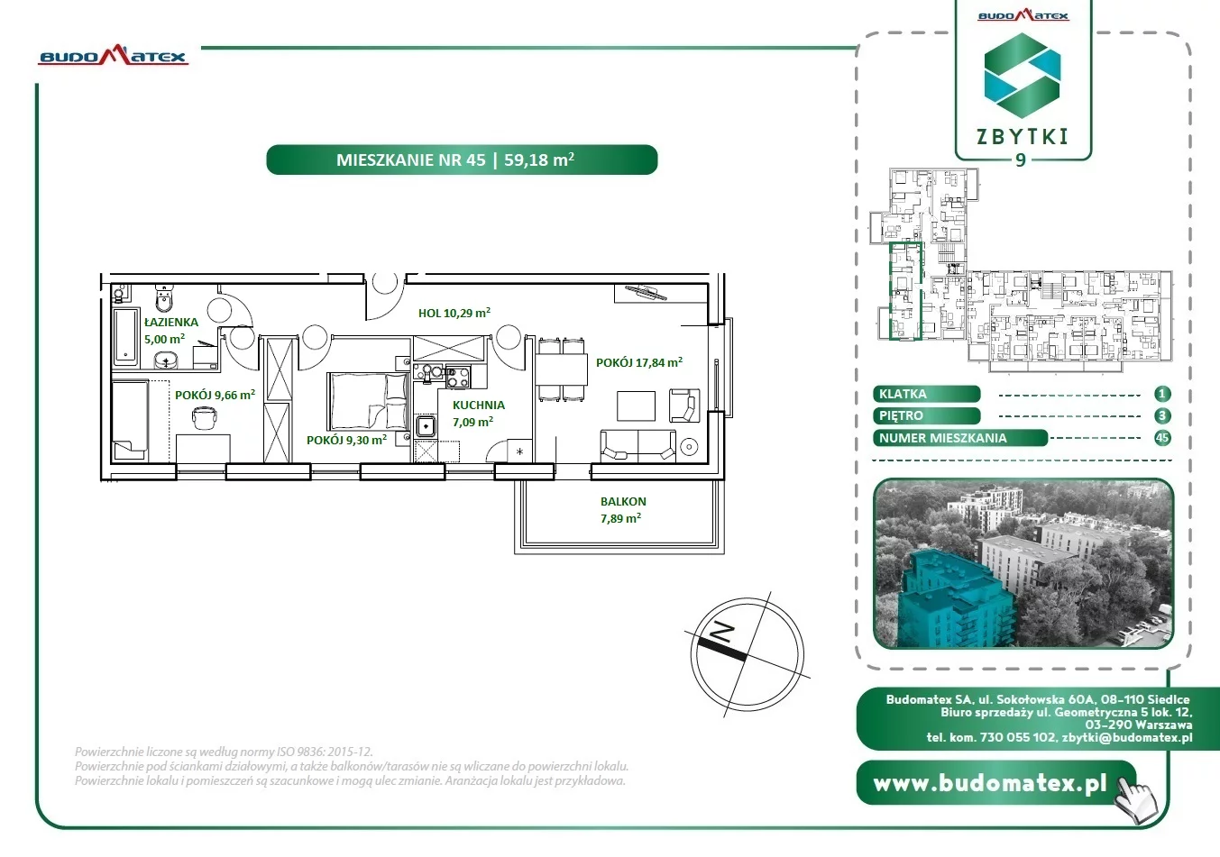 3 pokoje, mieszkanie 59,18 m², piętro 3, oferta nr Z9.45, Osiedle Zbytki, Warszawa, Białołęka, Nowodwory, ul. Zbytki 9