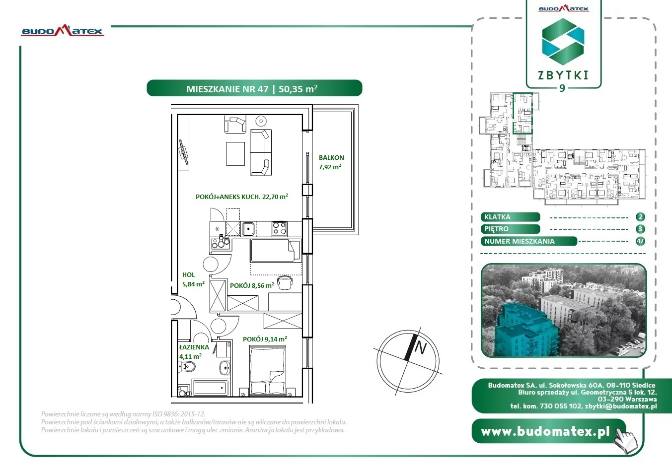 3 pokoje, mieszkanie 50,35 m², piętro 3, oferta nr Z9.47, Osiedle Zbytki, Warszawa, Białołęka, Nowodwory, ul. Zbytki 9