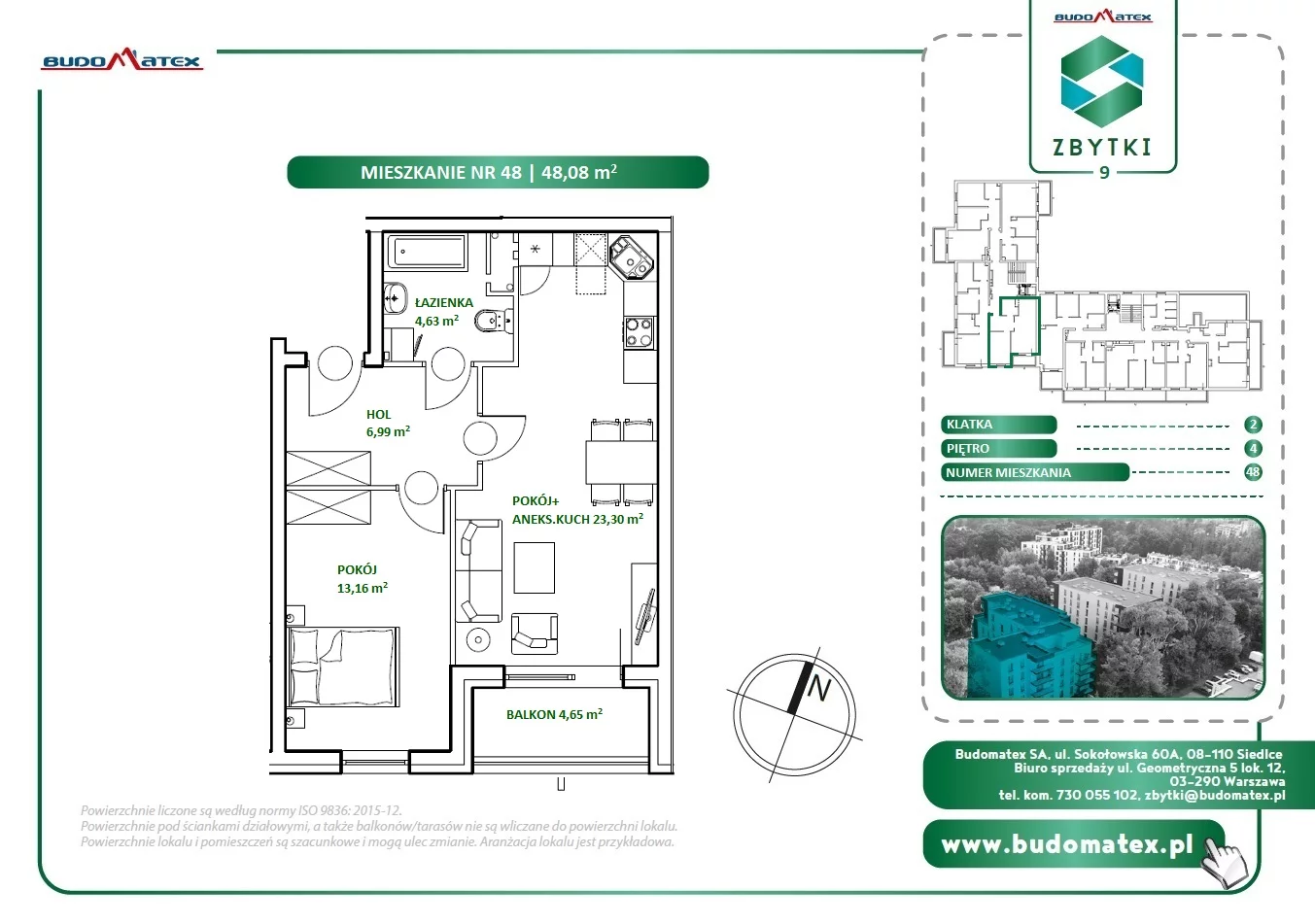 2 pokoje, mieszkanie 48,08 m², piętro 4, oferta nr Z9.48, Osiedle Zbytki, Warszawa, Białołęka, Nowodwory, ul. Zbytki 9