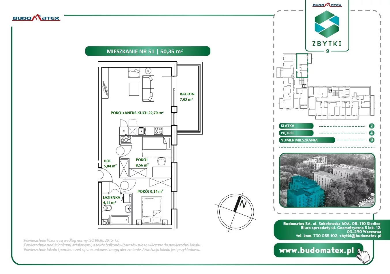 3 pokoje, mieszkanie 50,35 m², piętro 4, oferta nr Z9.51, Osiedle Zbytki, Warszawa, Białołęka, Nowodwory, ul. Zbytki 9