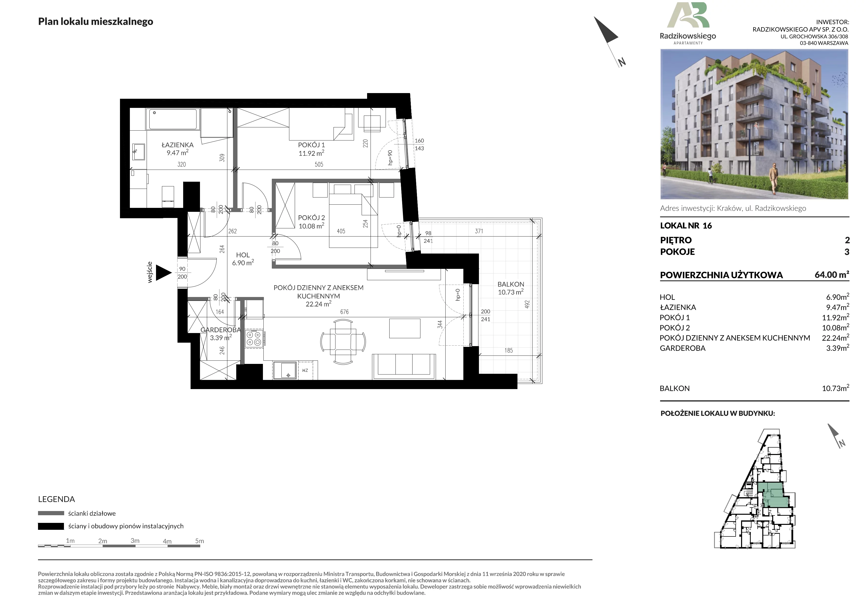 3 pokoje, mieszkanie 64,30 m², piętro 2, oferta nr 16, Apartamenty Radzikowskiego, Kraków, Prądnik Biały, Azory, ul. Radzikowskiego