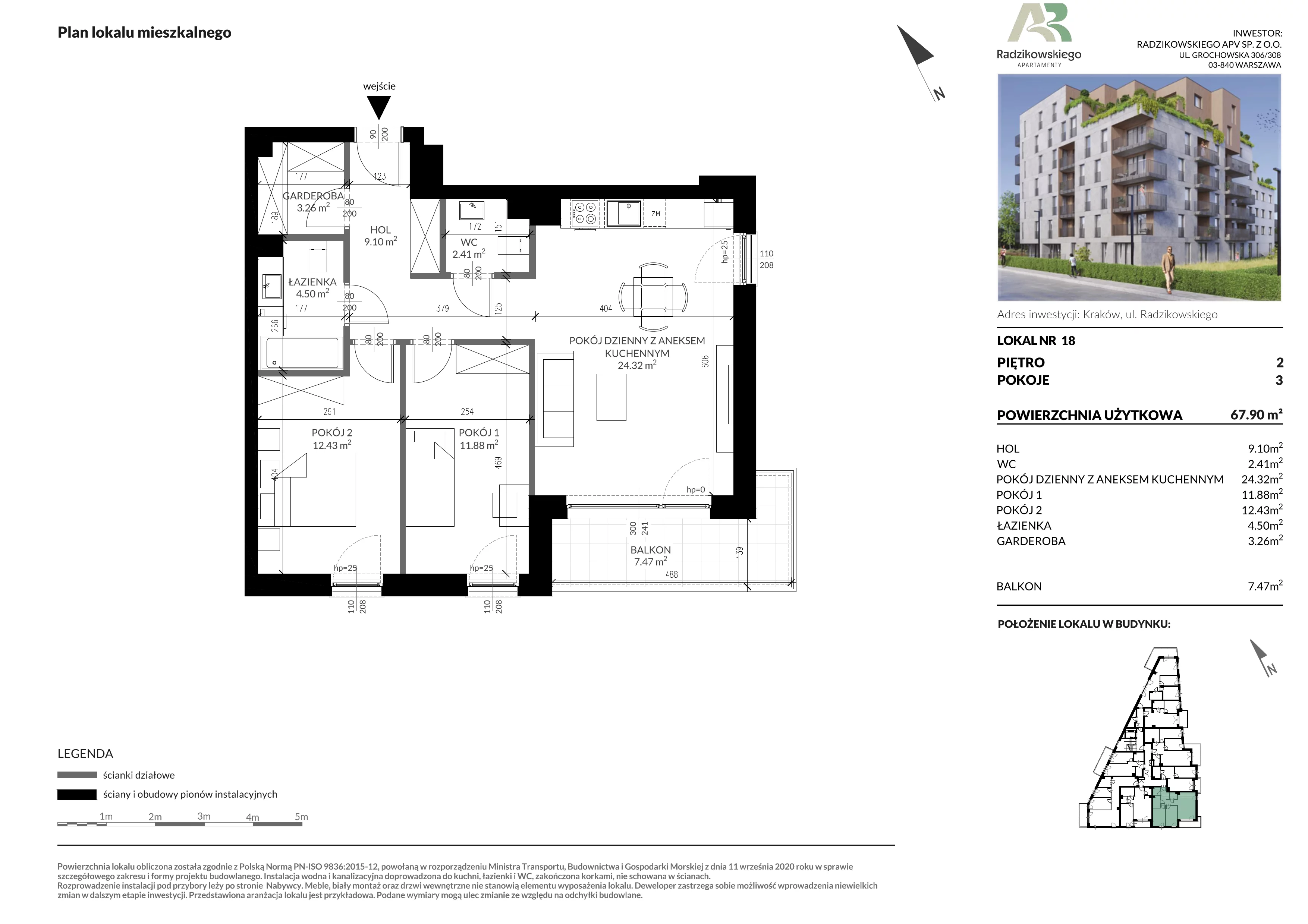 3 pokoje, mieszkanie 68,20 m², piętro 2, oferta nr 18, Apartamenty Radzikowskiego, Kraków, Prądnik Biały, Azory, ul. Radzikowskiego