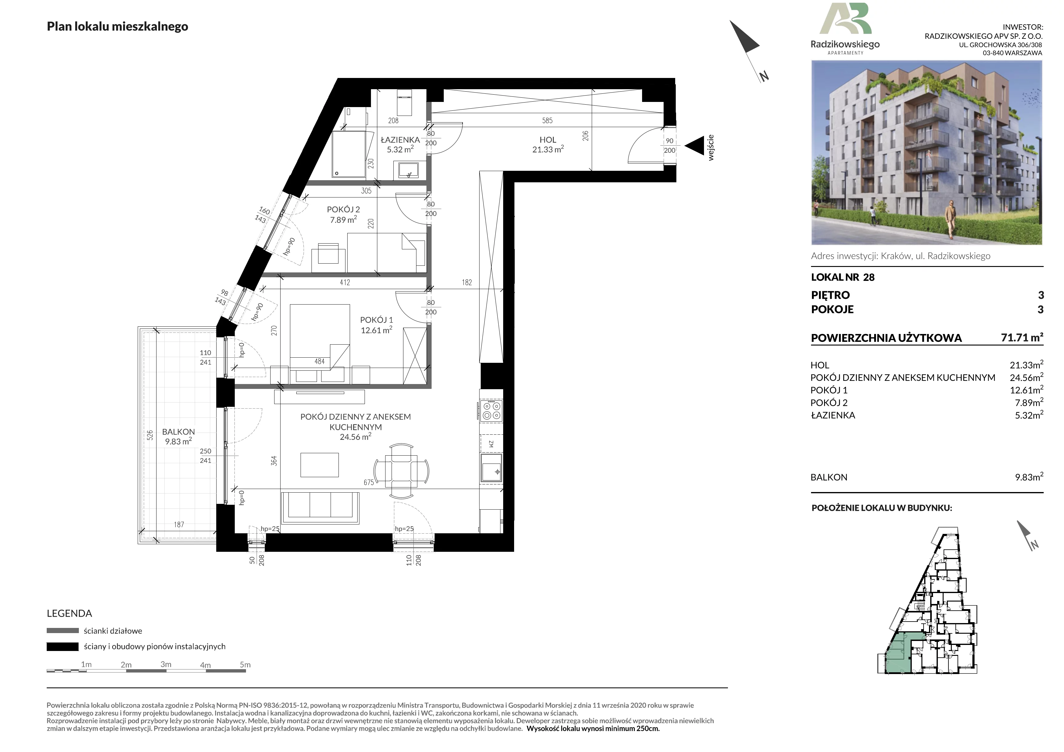 3 pokoje, mieszkanie 72,05 m², piętro 3, oferta nr 28, Apartamenty Radzikowskiego, Kraków, Prądnik Biały, Azory, ul. Radzikowskiego