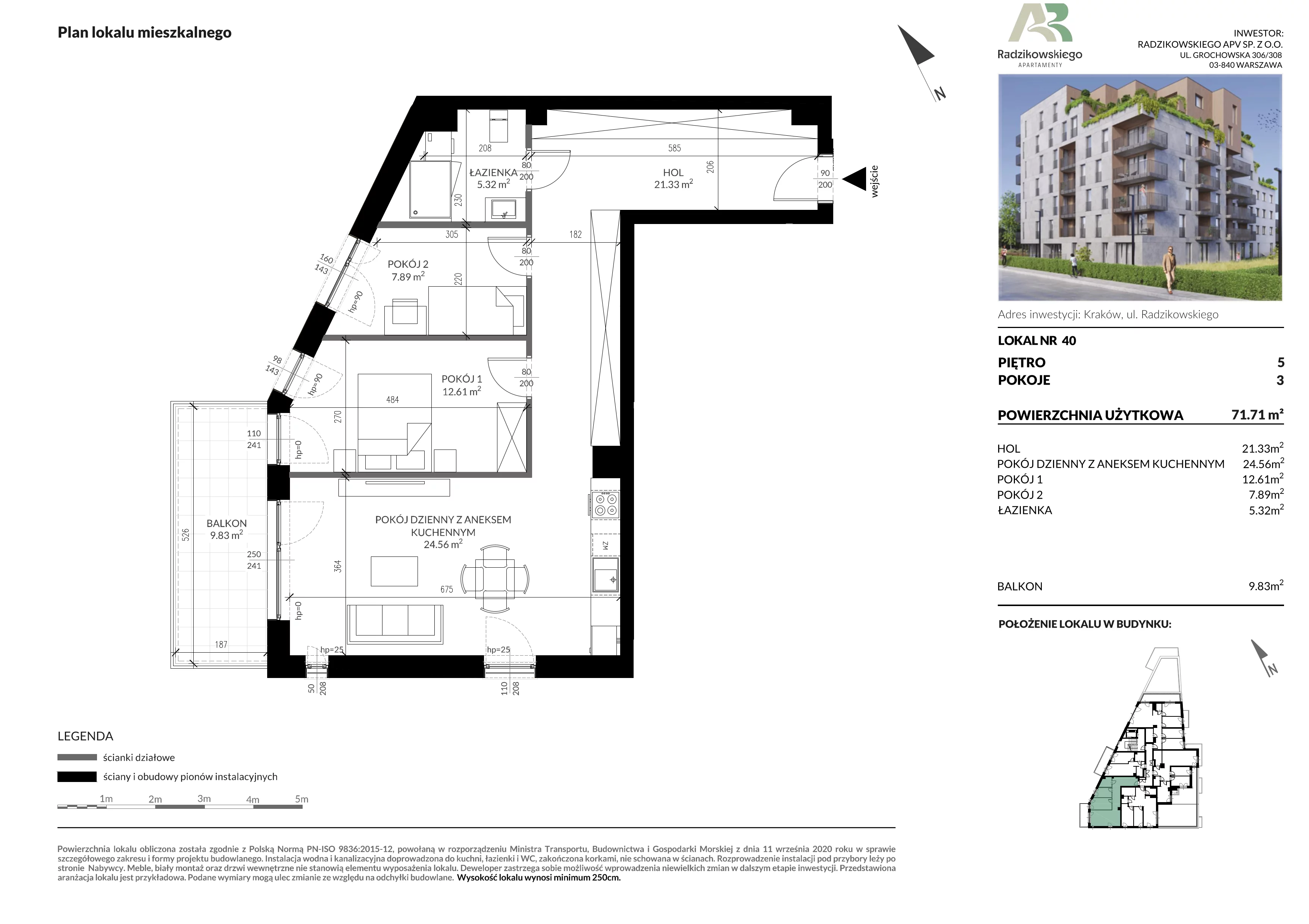 3 pokoje, mieszkanie 71,97 m², piętro 5, oferta nr 40, Apartamenty Radzikowskiego, Kraków, Prądnik Biały, Azory, ul. Radzikowskiego